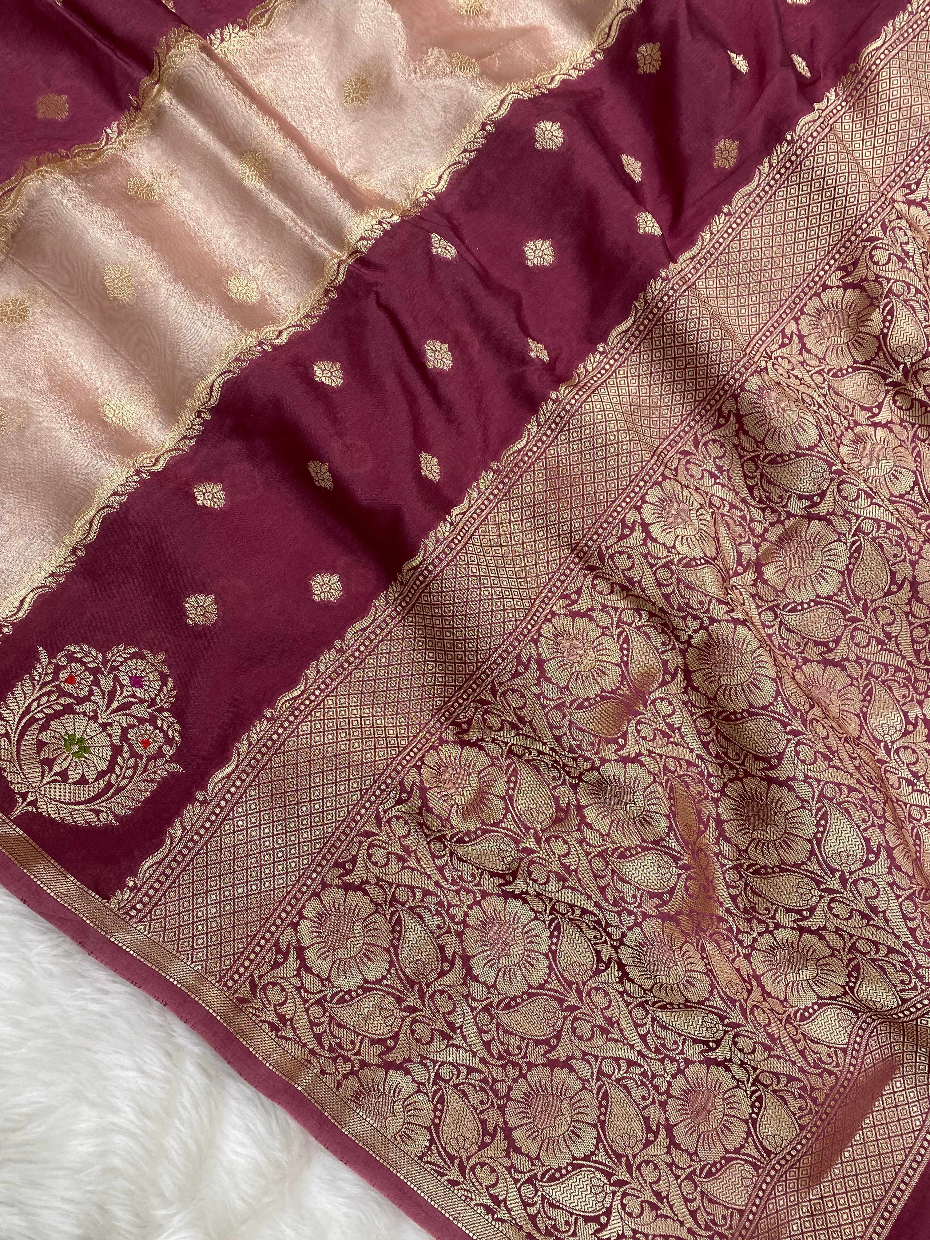 Wine Raw Mango Tissue Silk Banarasi Saree