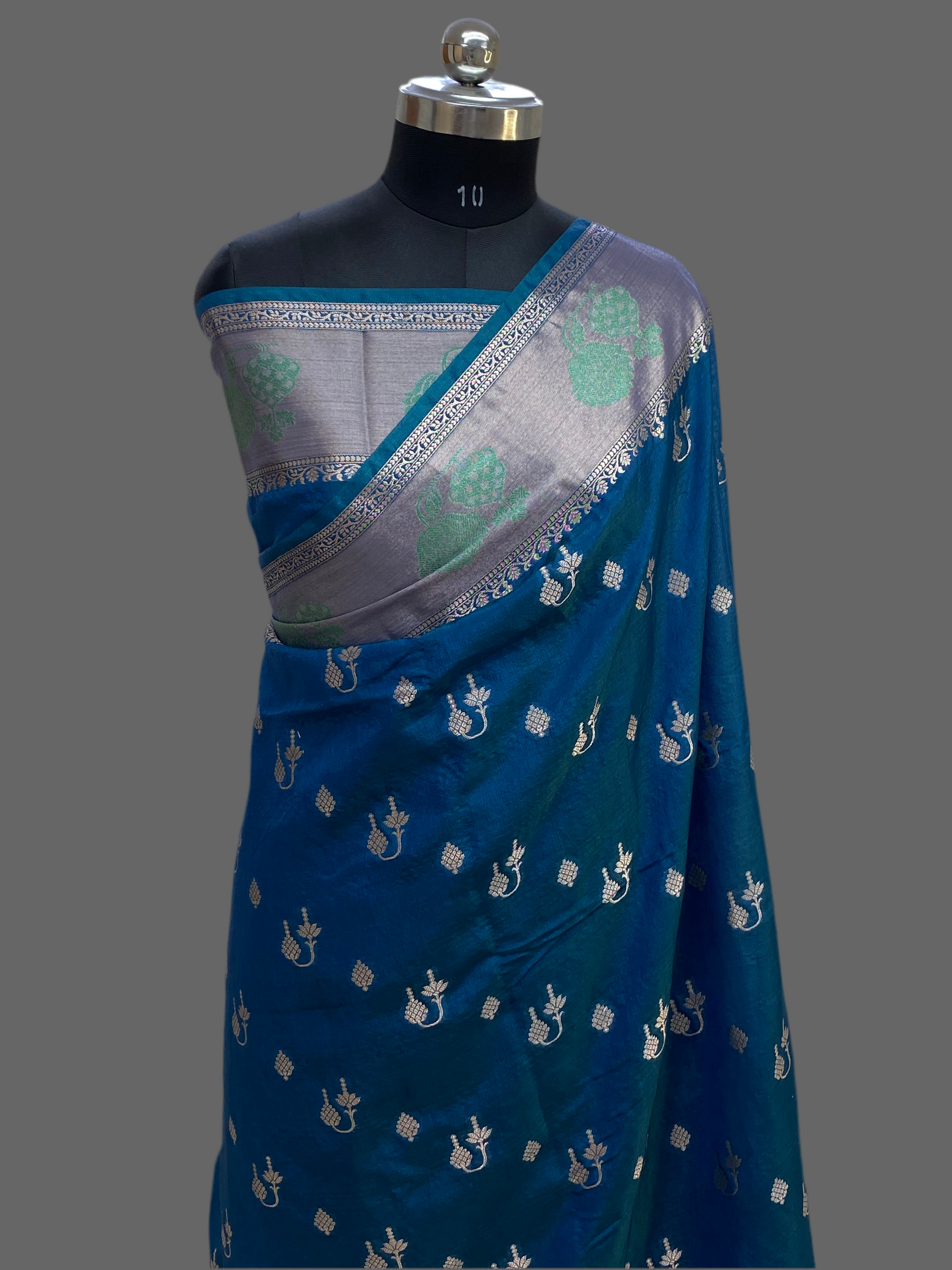 Jermon blue Raw Mango Border Buta with Golden Zari Banarasi Saree