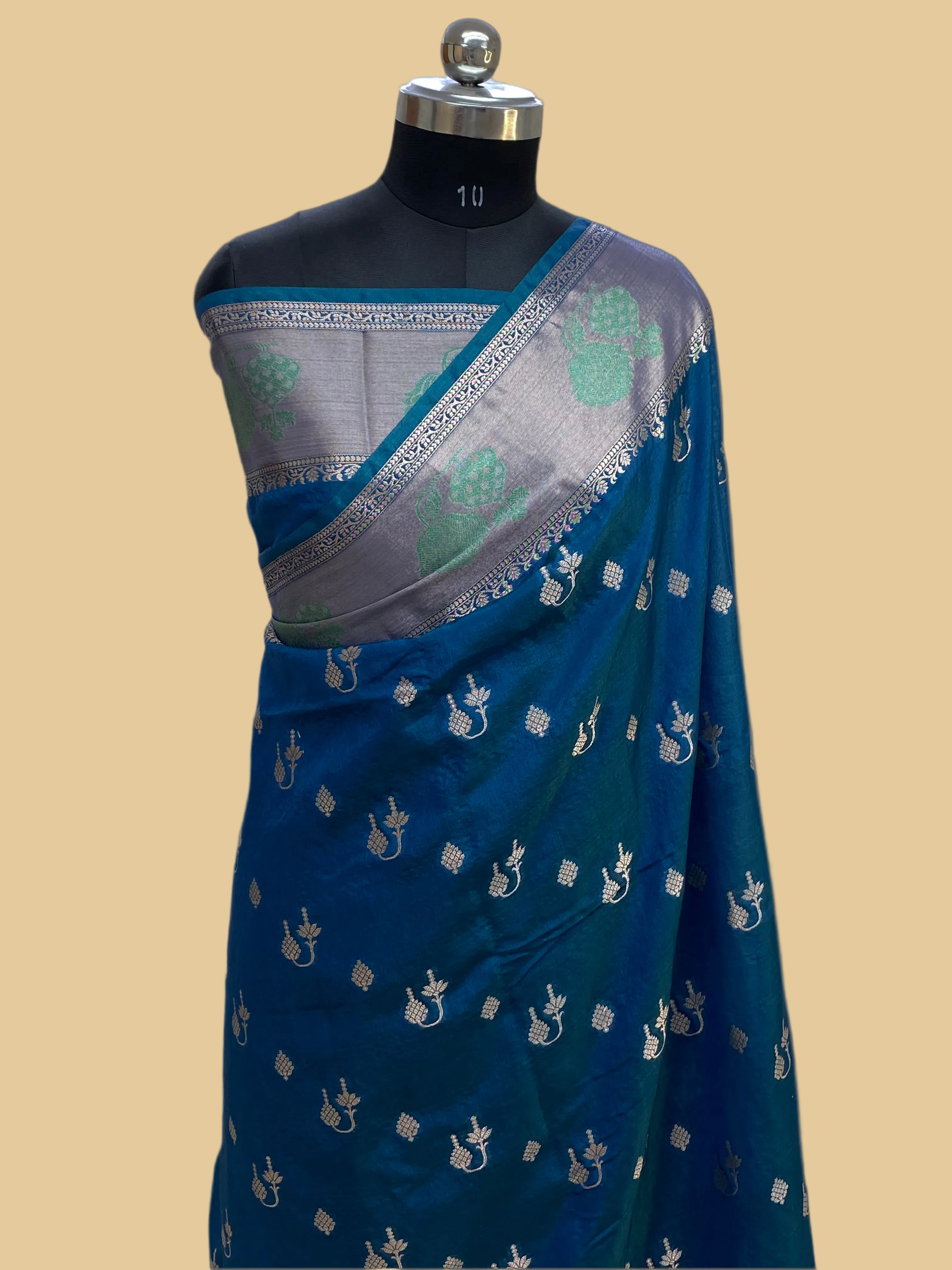 German blue semi Raw Mango silk Border Buta with Golden Zari Banarasi Saree