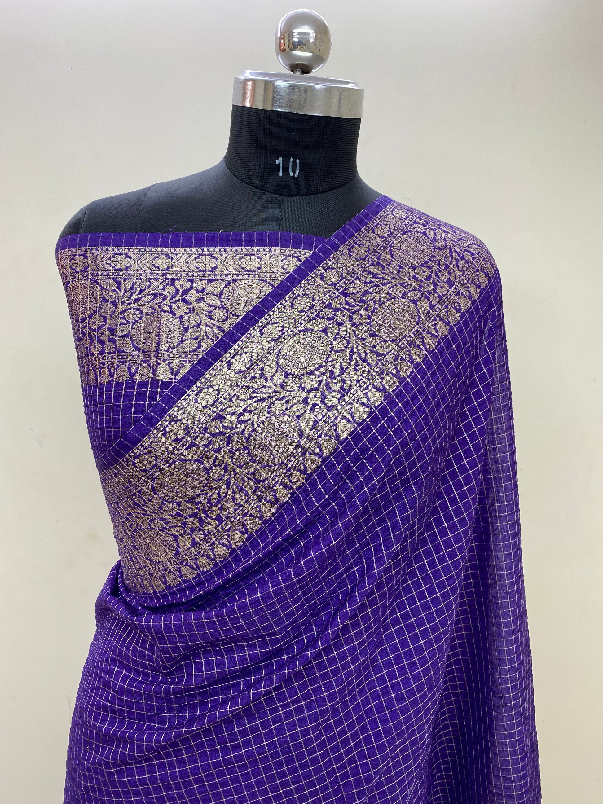 Purple Cotton Check Banarasi Saree