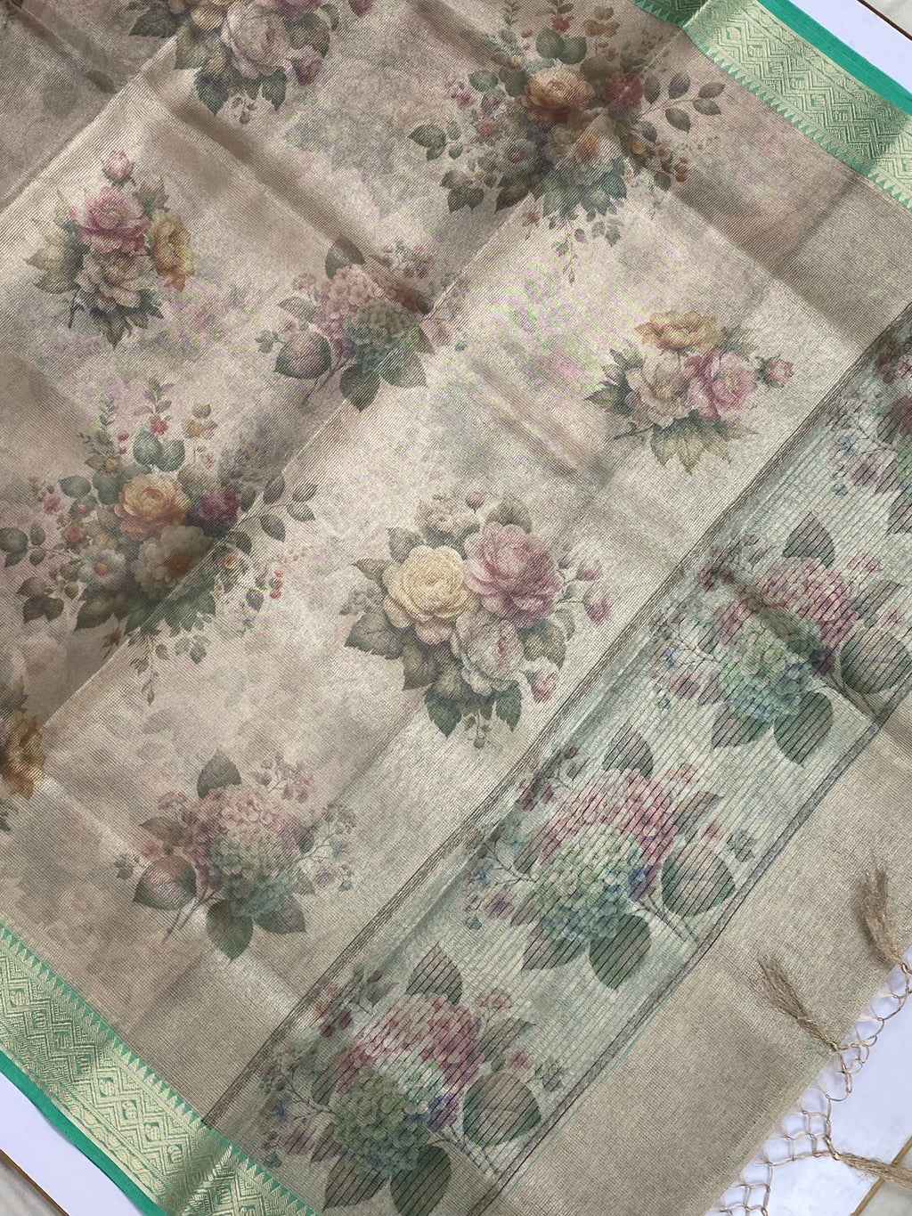 Sea Green Tissue with Digital Print Banarasi Saree
