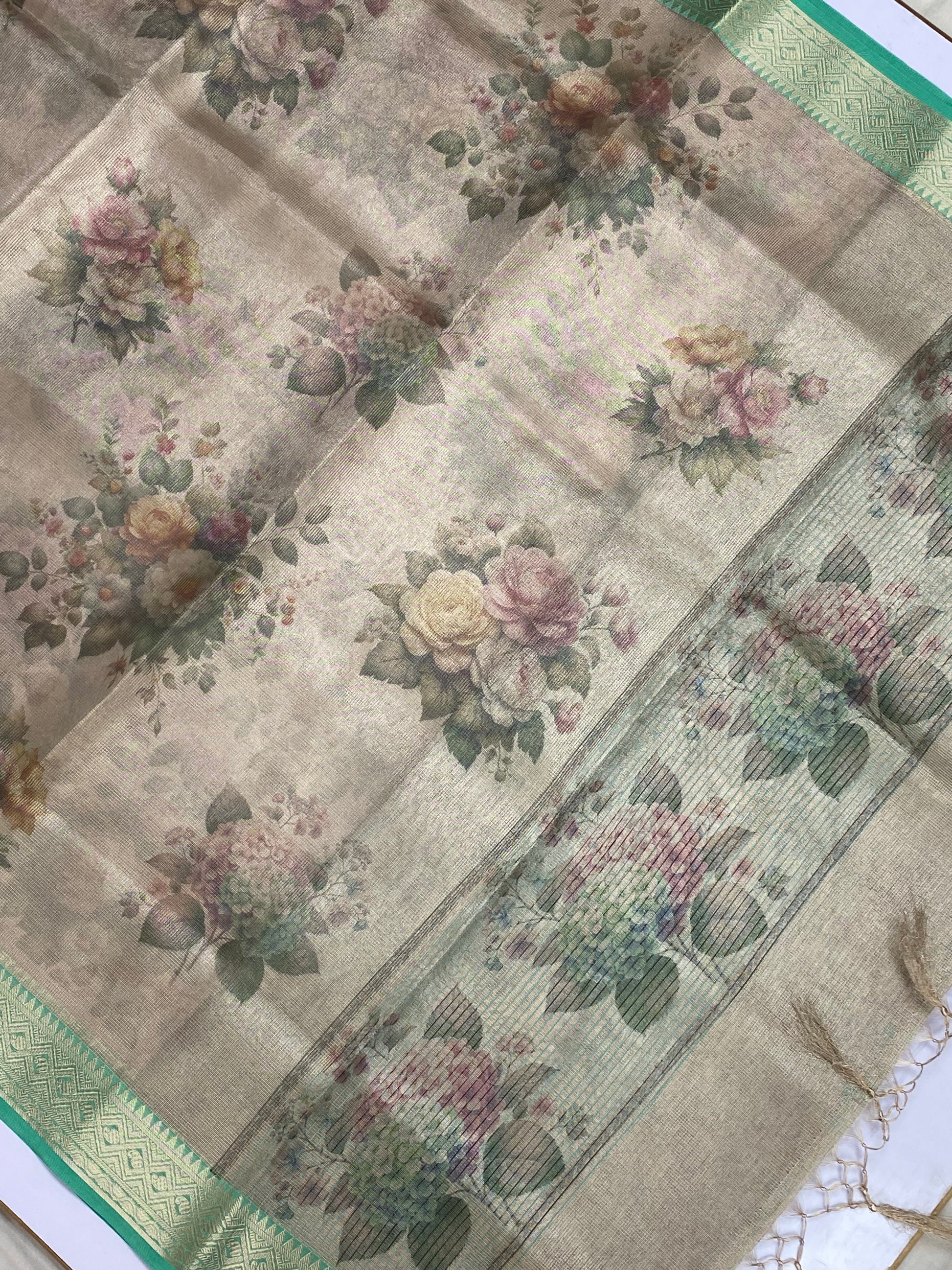 Sea Green Tissue with Digital Print Banarasi Saree