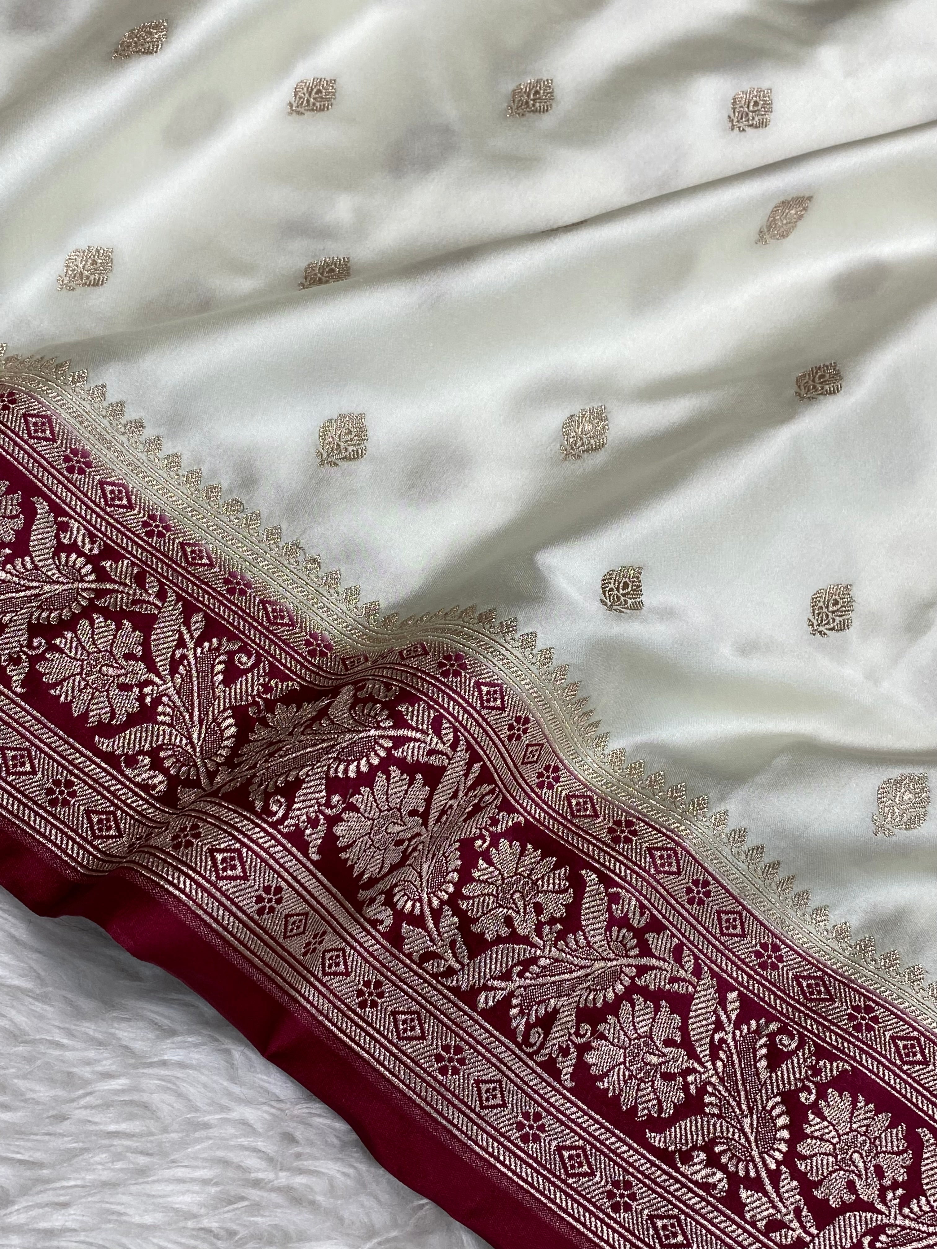 Mashru silk banarasi saree with red border and Buti