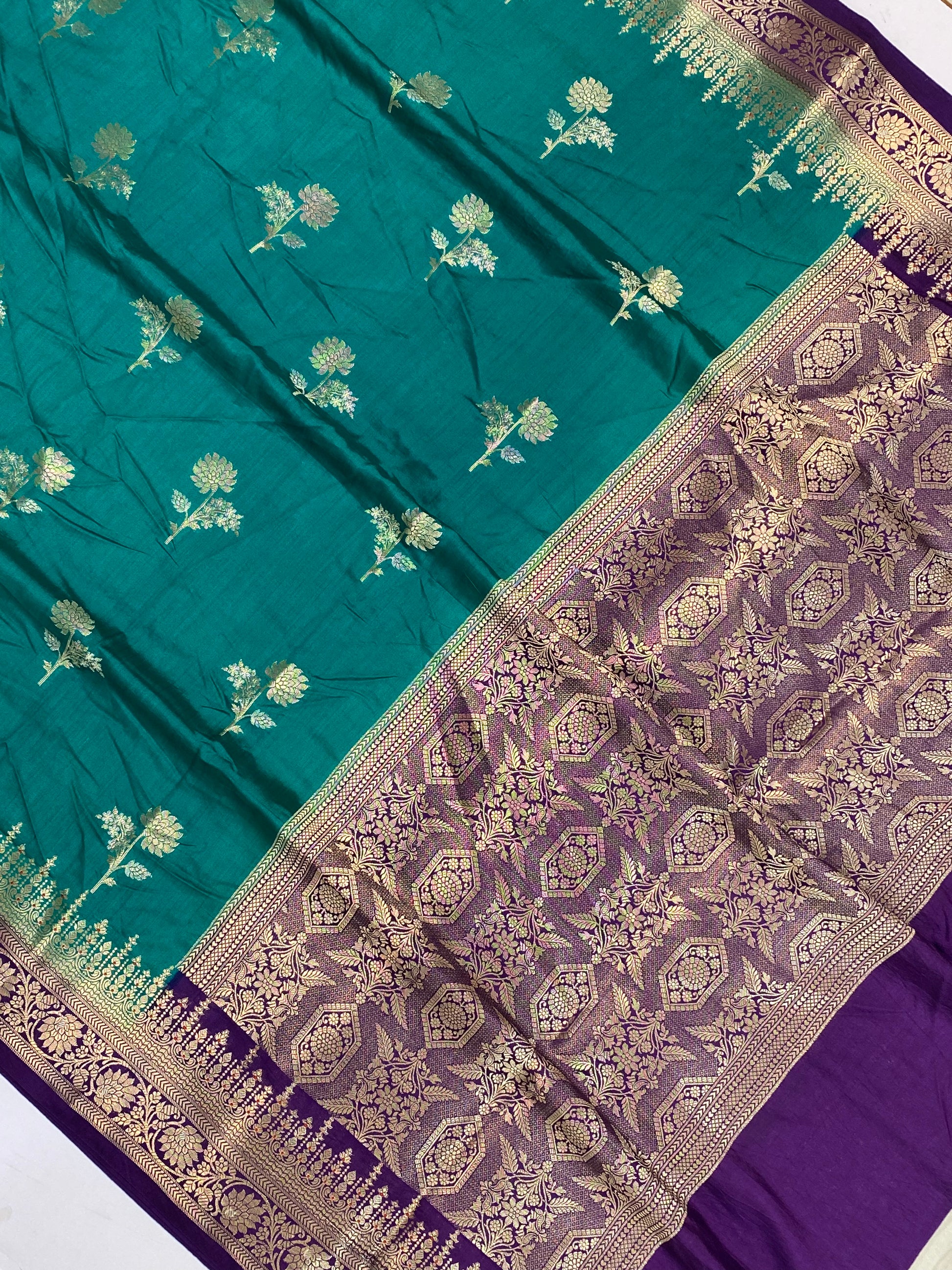 Teal Blue Raw Mango Border Buta with Golden Zari Banarasi Saree