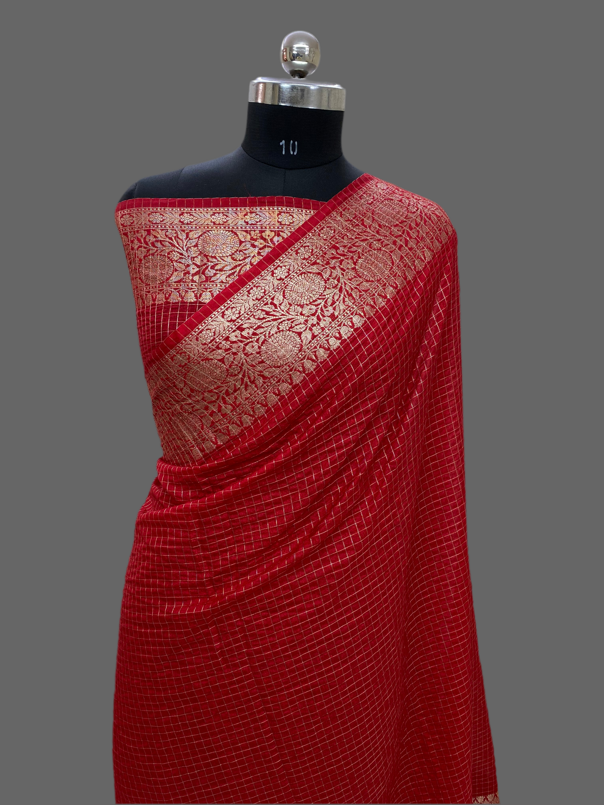 Red Cotton Check Banarasi Saree
