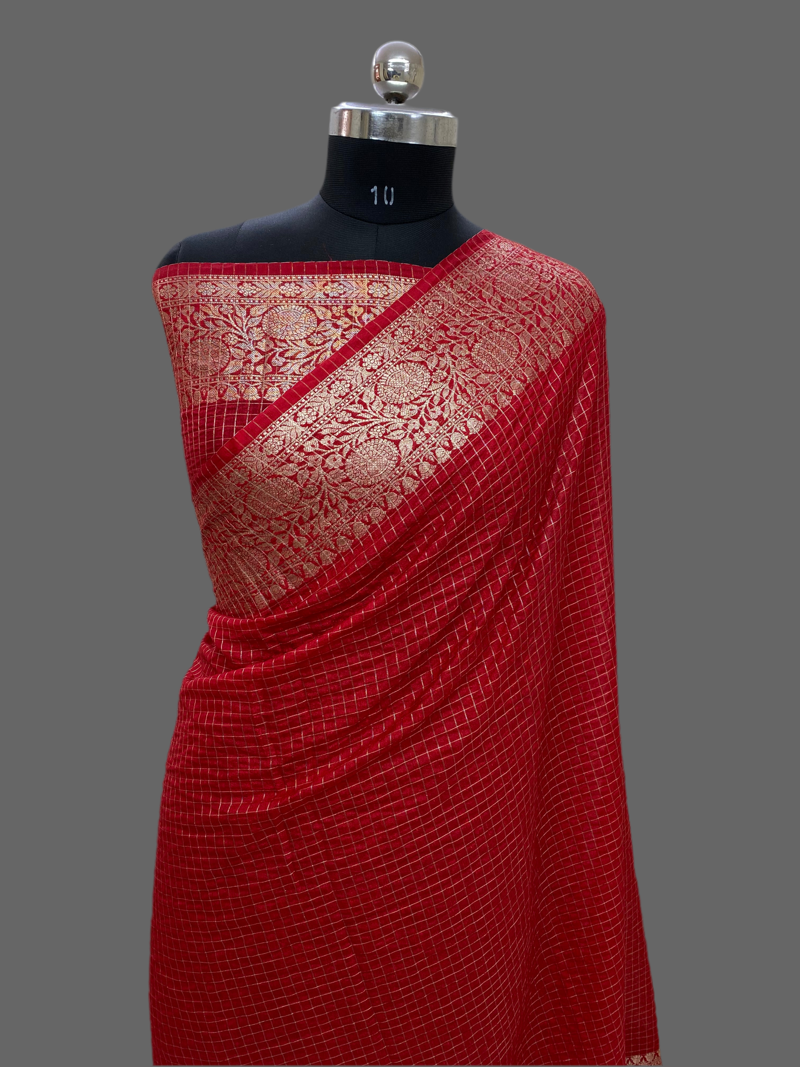 Red Cotton Check Banarasi Saree
