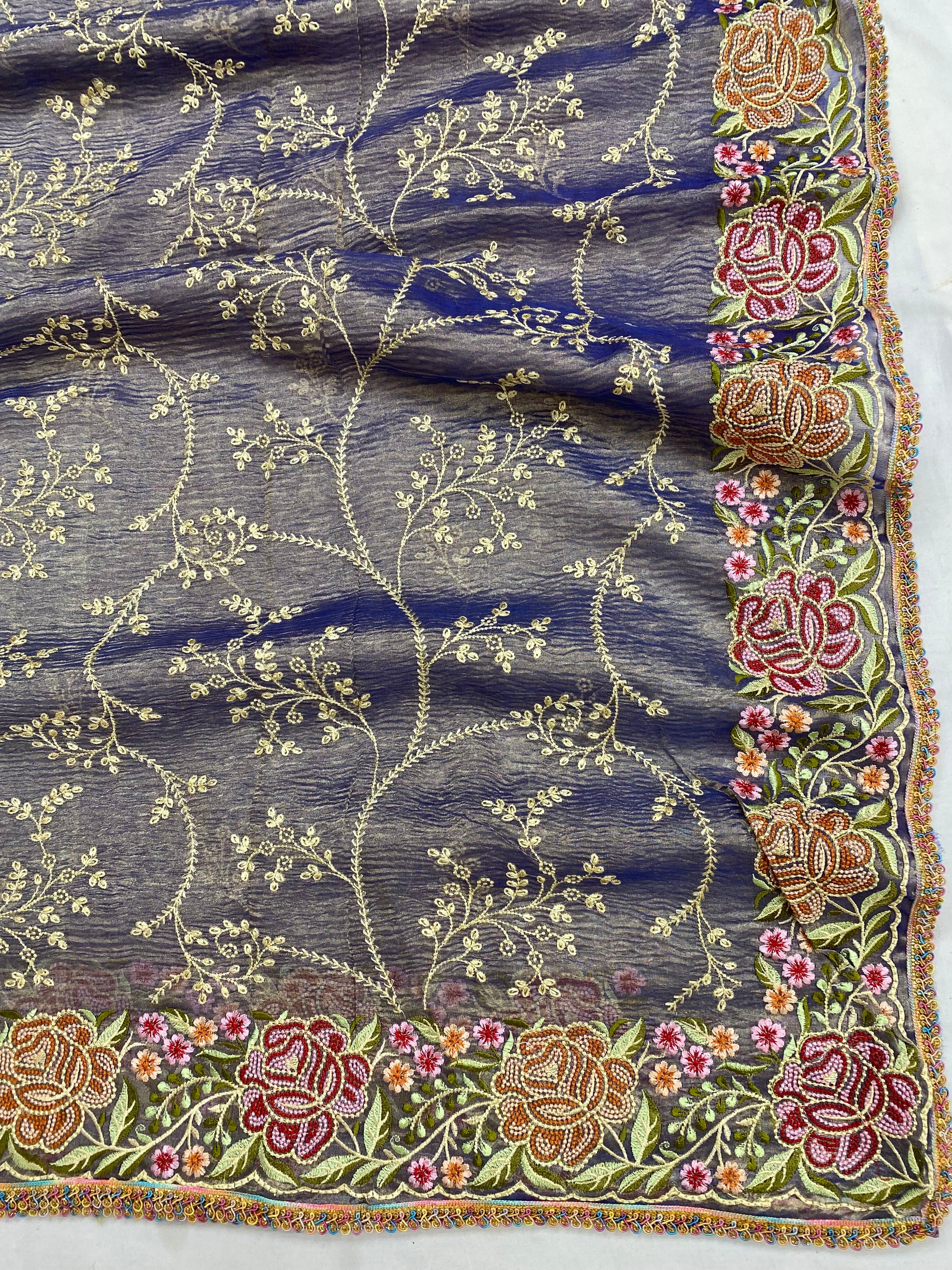 Pure Tissue Silk with hand Lace work Embroidery Banarasi Saree