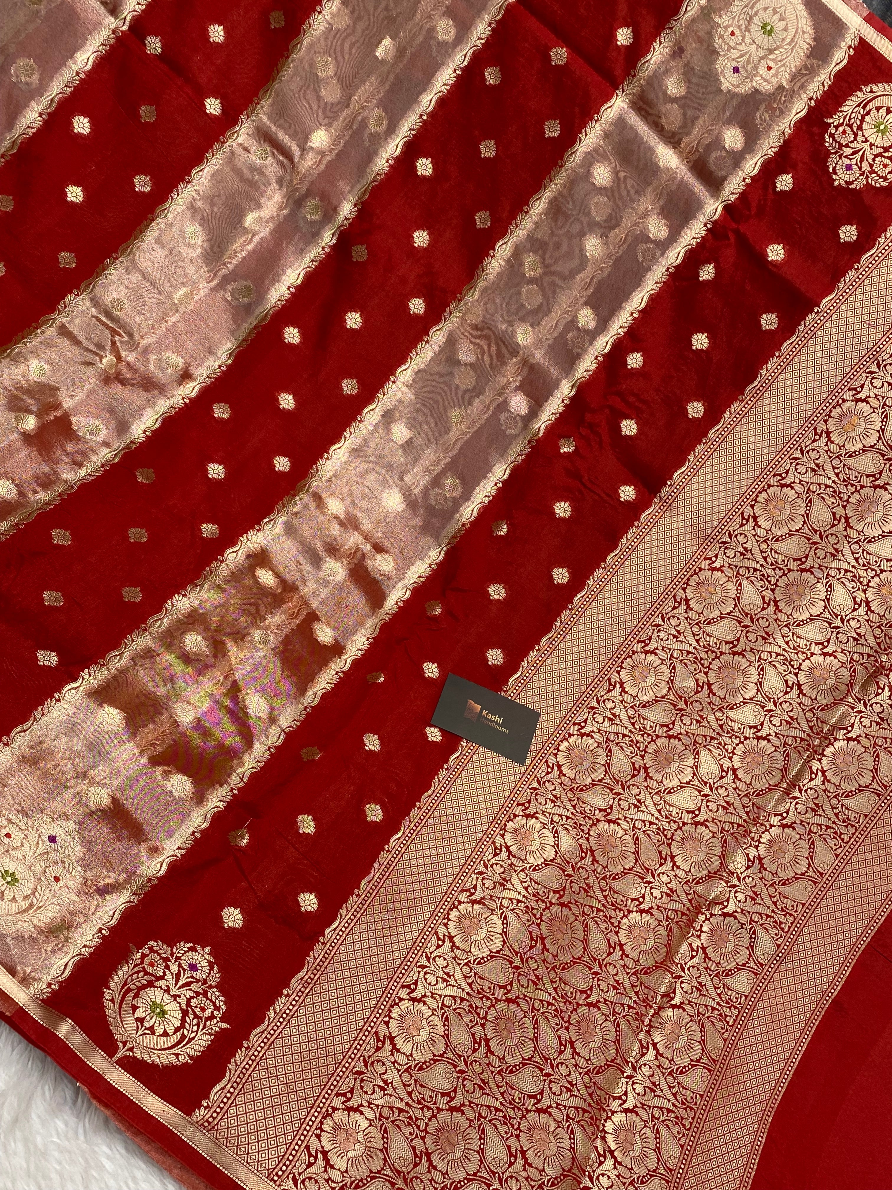Red semi rao mango tissue Banarasi saree