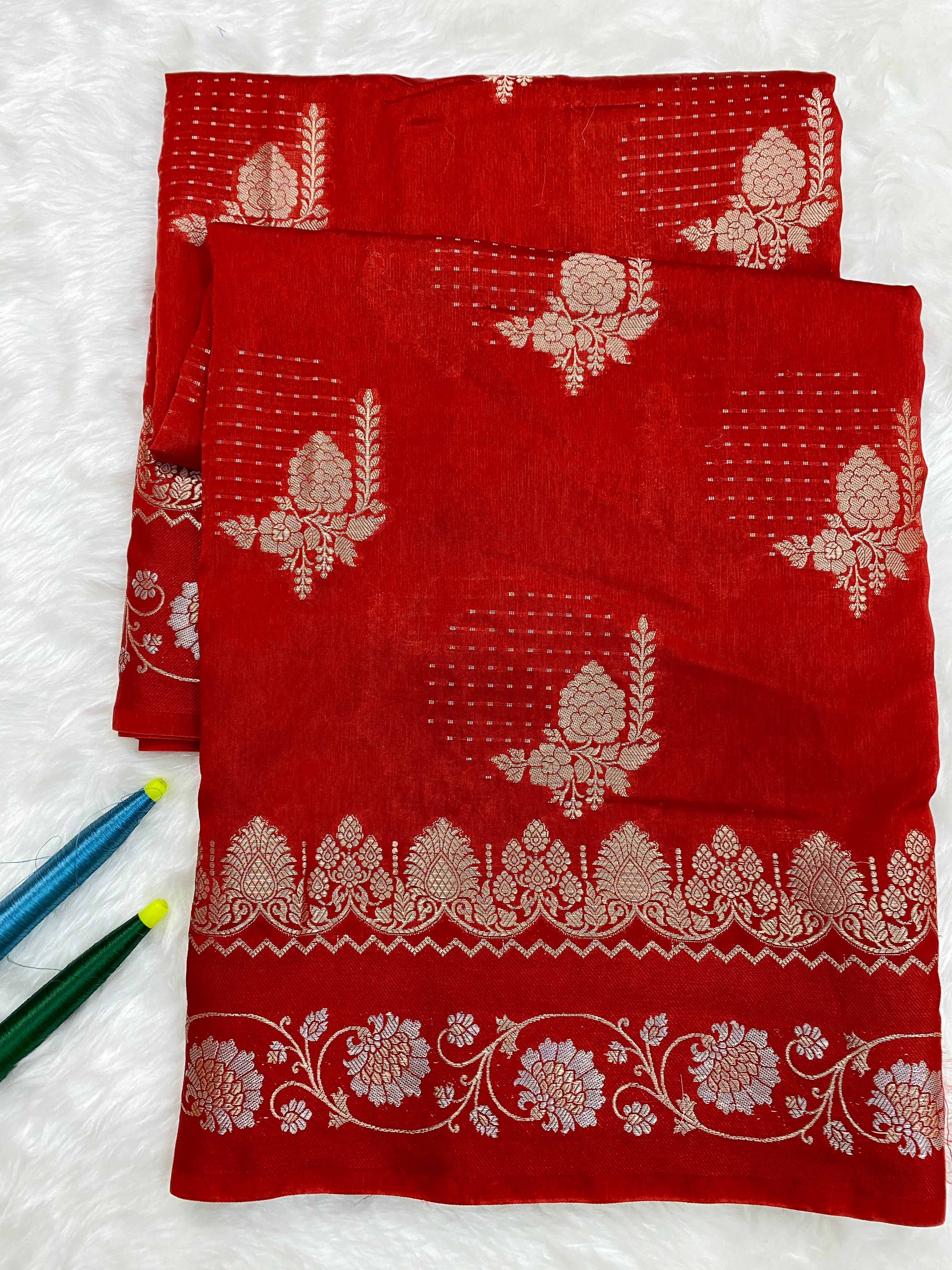Red Semi Raw mango silk Banarasi Saree