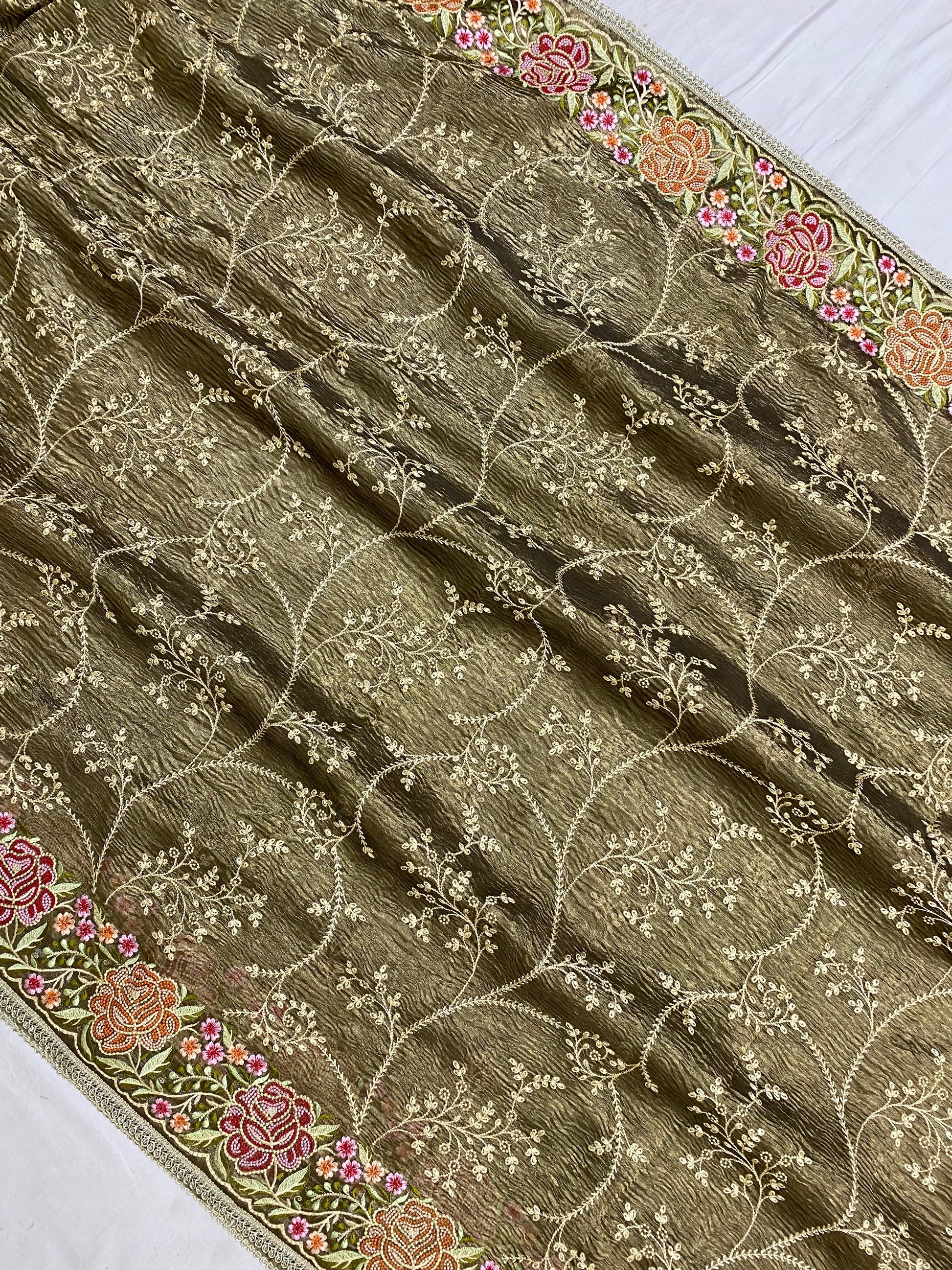 Pure Tissue Silk with hand Lace work Embroidery Banarasi Saree