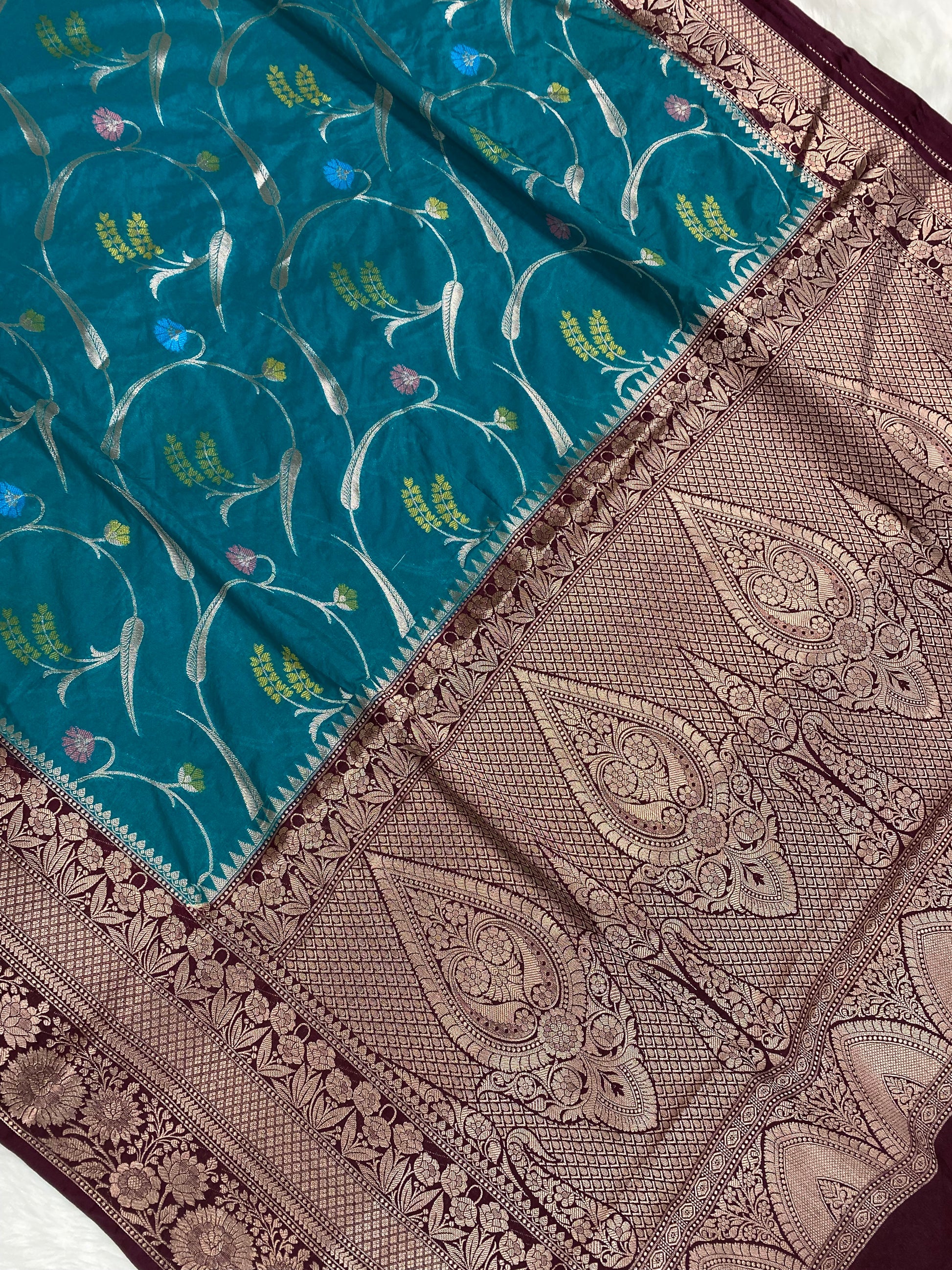 Teal Blue Katan Silk Banarasi Saree
