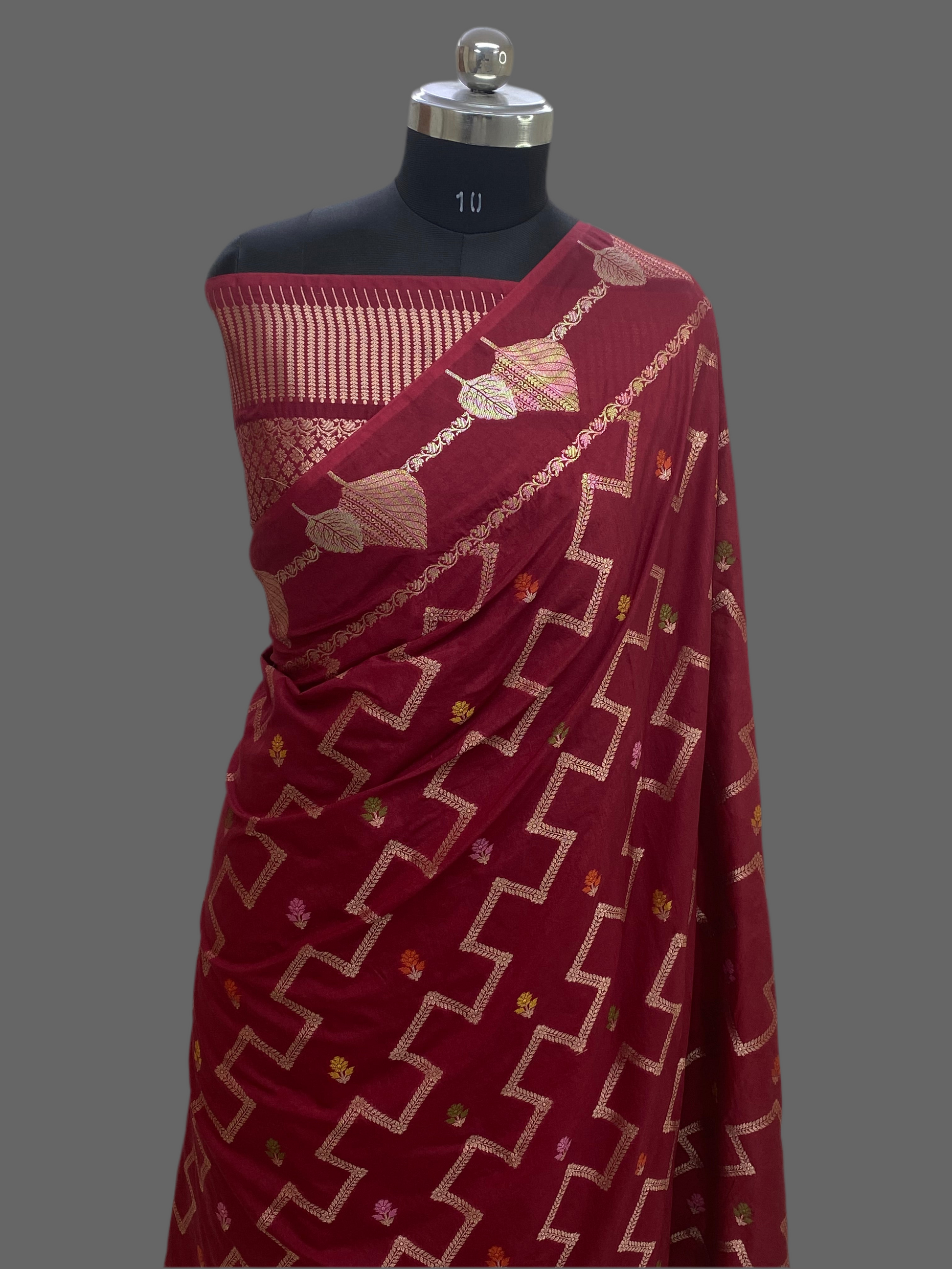 Maroon ZigZag Chinya Silk Banarasi Saree