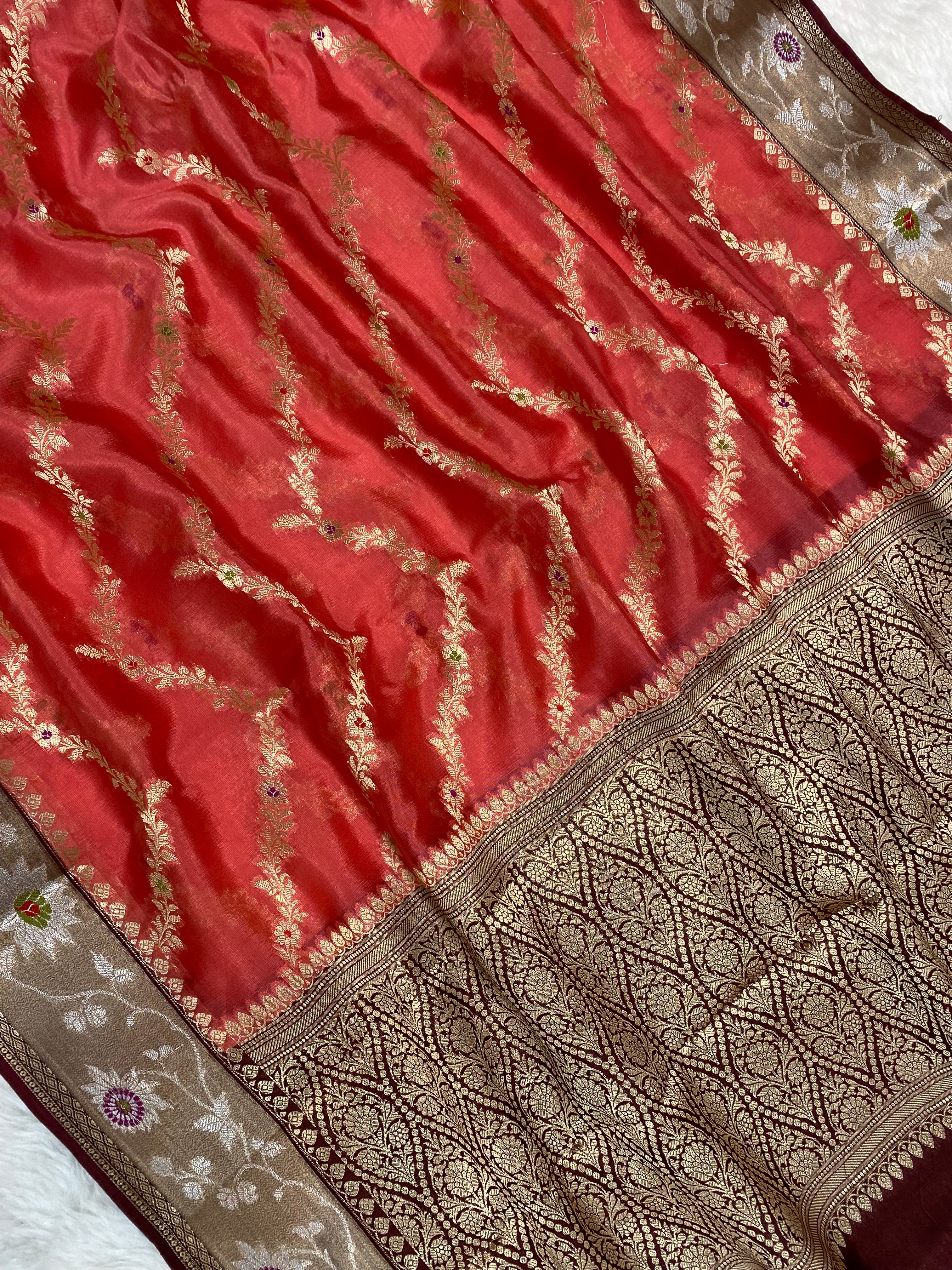 Peach semi Raw mango Banarasi saree