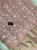 Pink linen cotton embroidery Banarasi saree