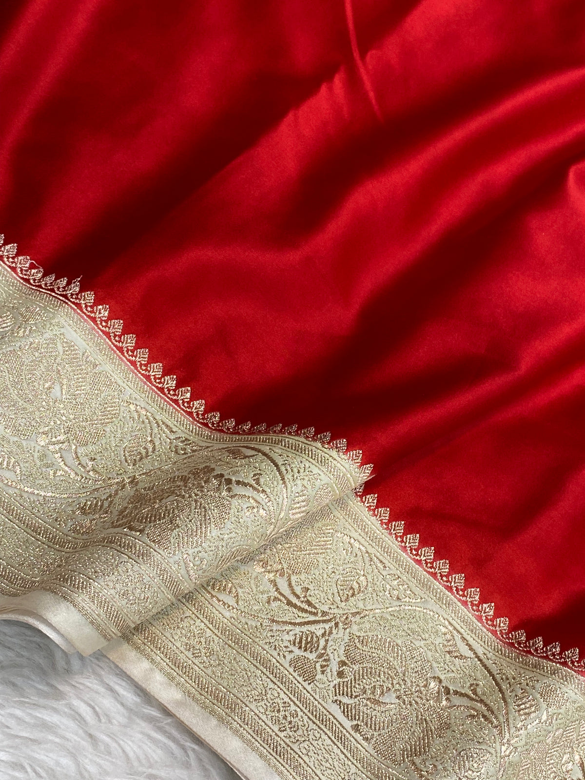 Red with white border mashru silk Banarasi saree