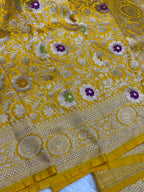 Yellow kinkhaab Mashru Silk Banarasi Saree – Golden Zari Floral & Meenakari Pattern