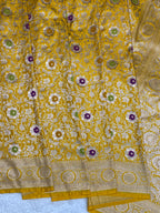Yellow kinkhaab Mashru Silk Banarasi Saree – Golden Zari Floral & Meenakari Pattern