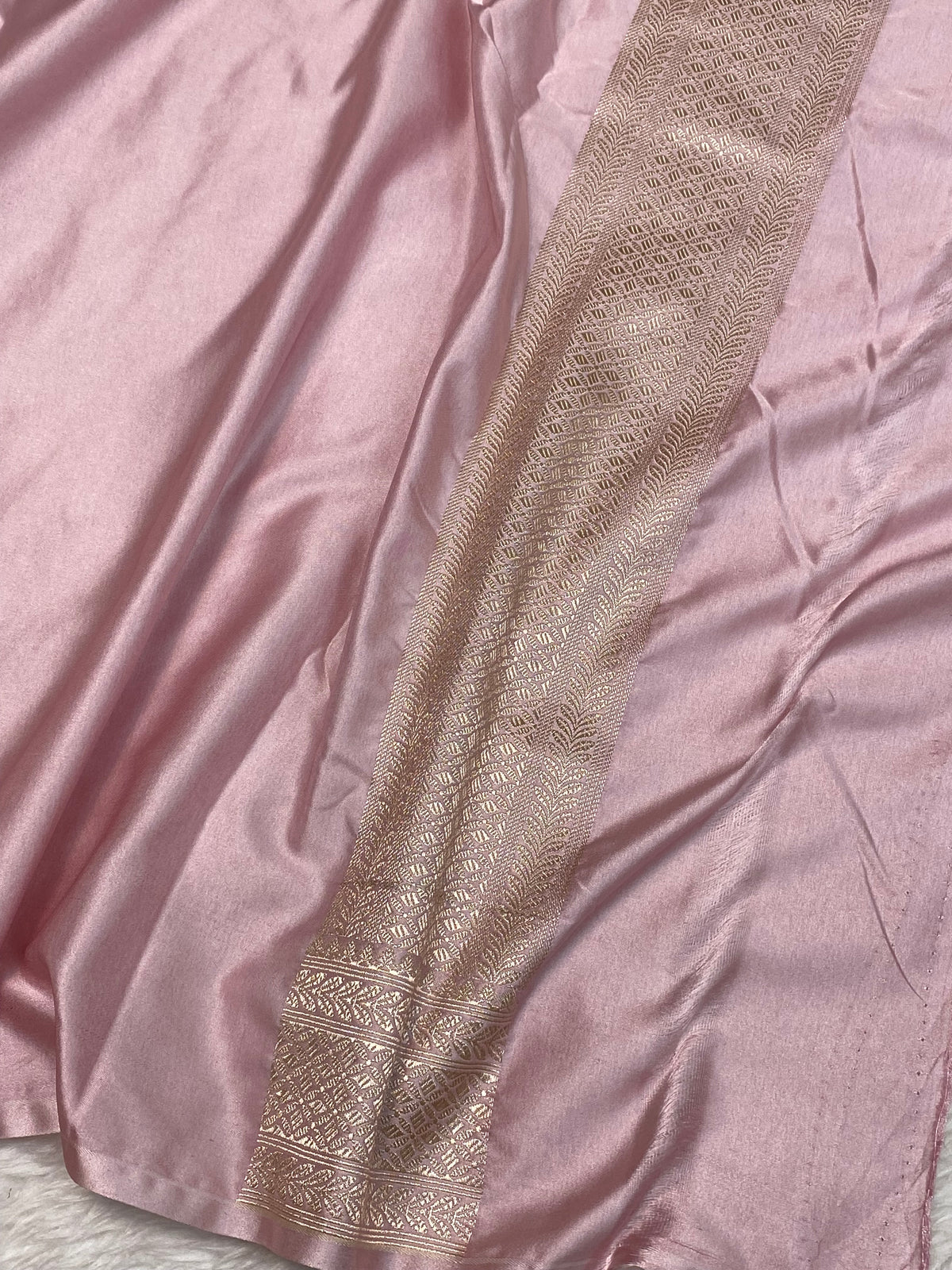Light peach mashru silk banarasi saree with golden zari border