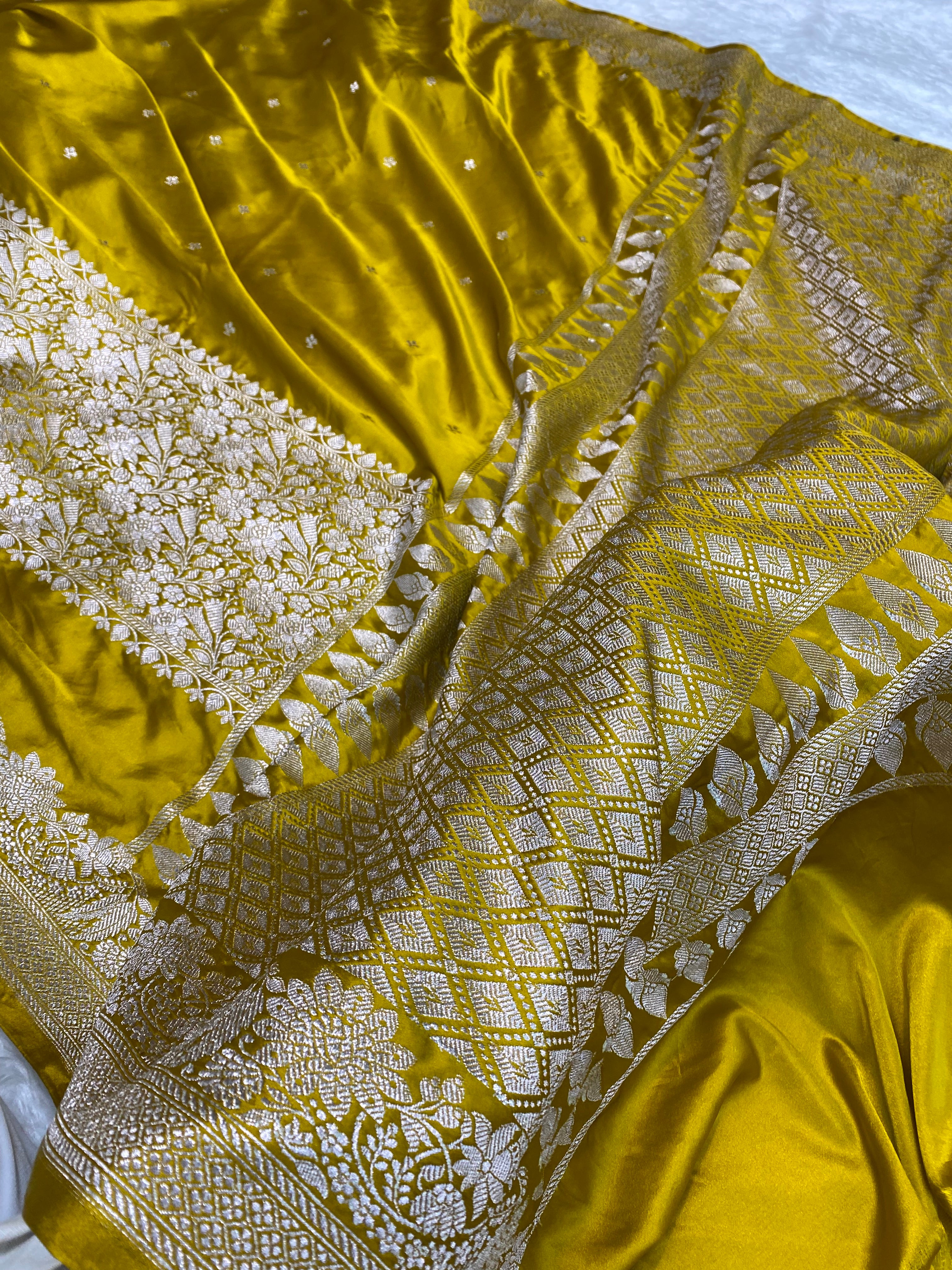 Mustard yellow premium mashru silk banarasi saree