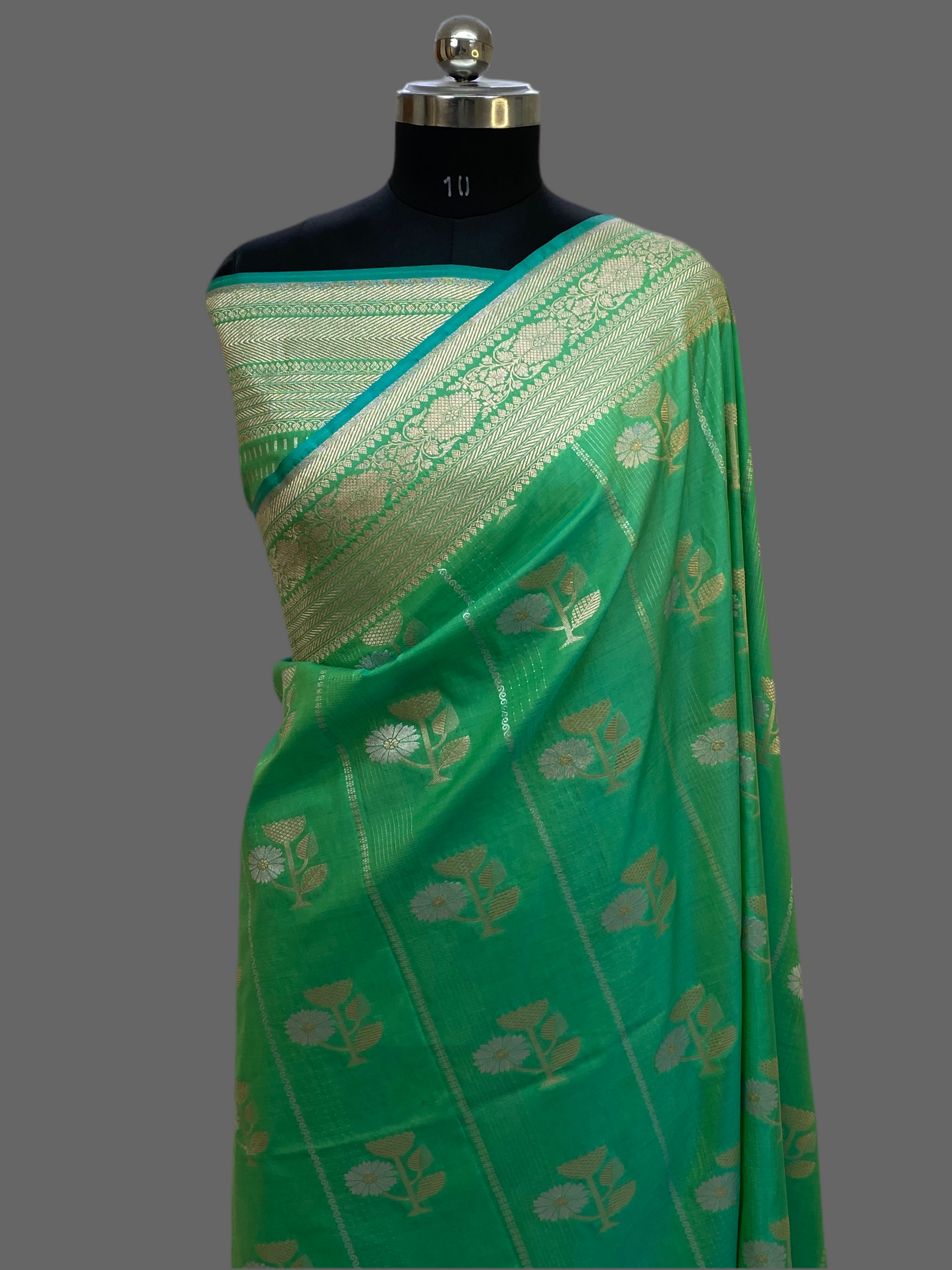 Elegant Green Banarasi Saree with Floral Zari Work