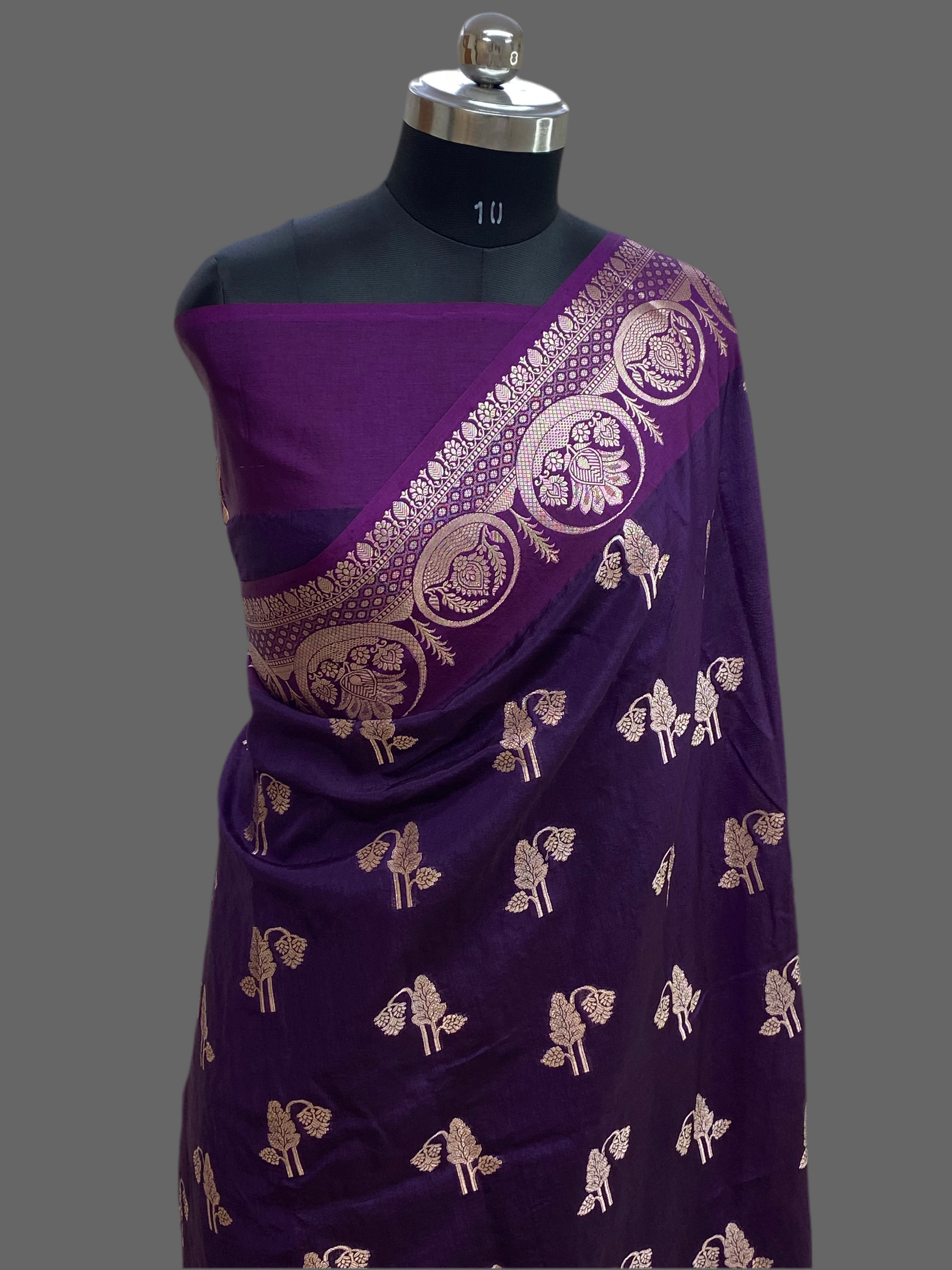 Royal Purple Raw Mango Border Buta with Golden Zari Banarasi Saree