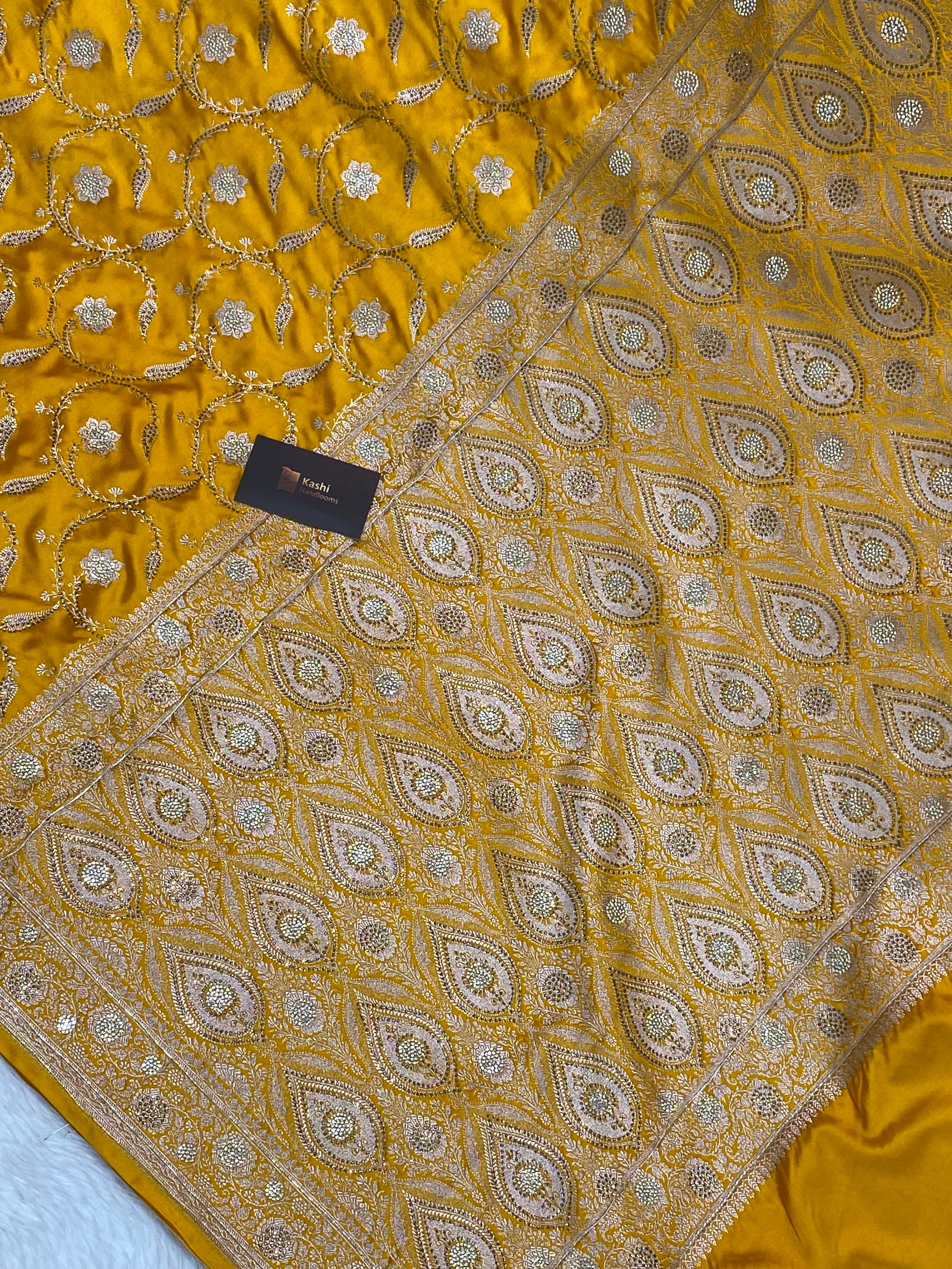 Mustard colour Premium mashru silk banarasi saree with handwork