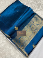 Premium blue colour Dhoop chaw tissue silk Banarasi saree with handwork