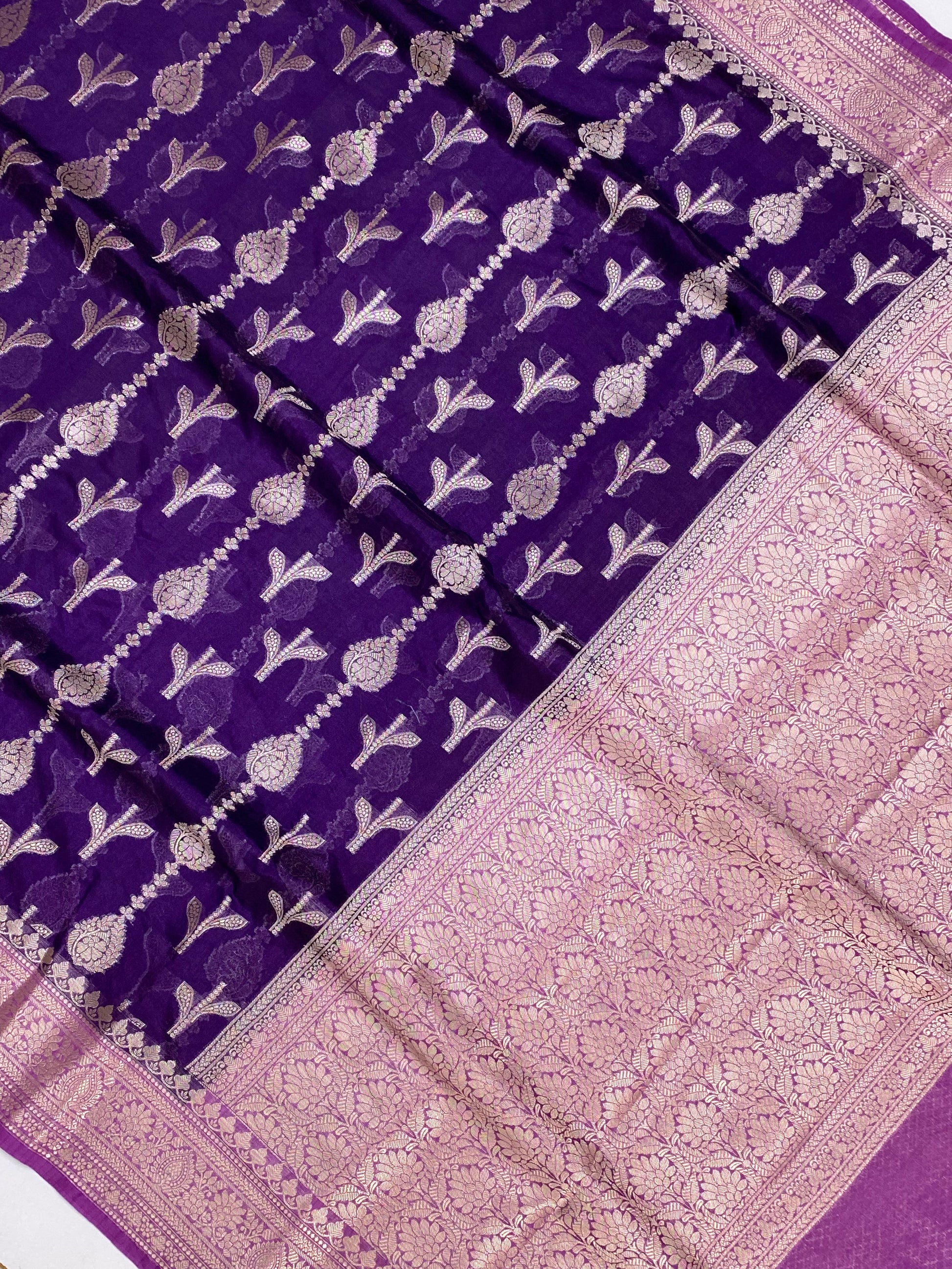 Purple Munga Silk Border Buta Banarasi Saree with contrast boarder and pallu