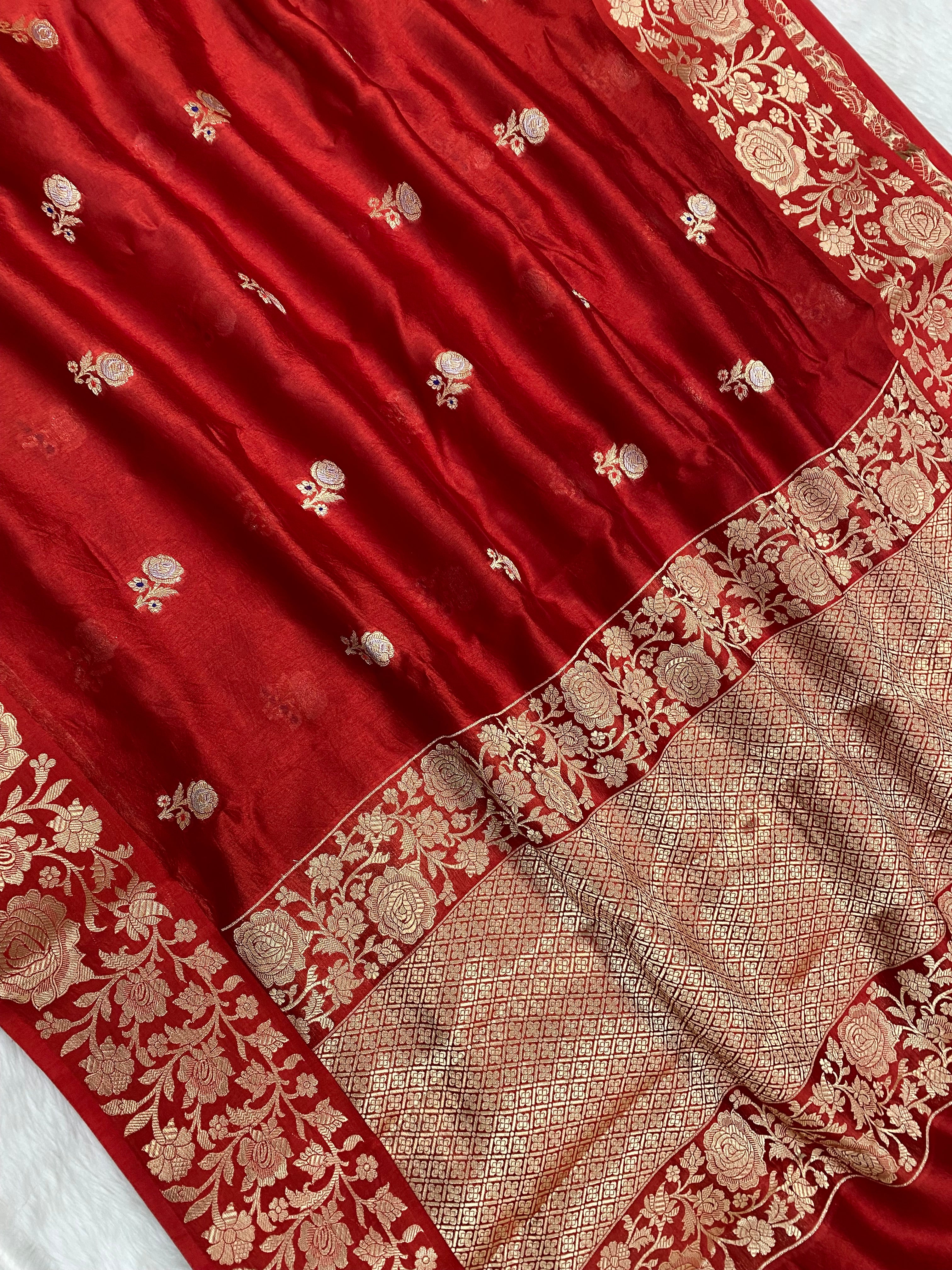 100% Pure Red Viscose Banarasi saree
