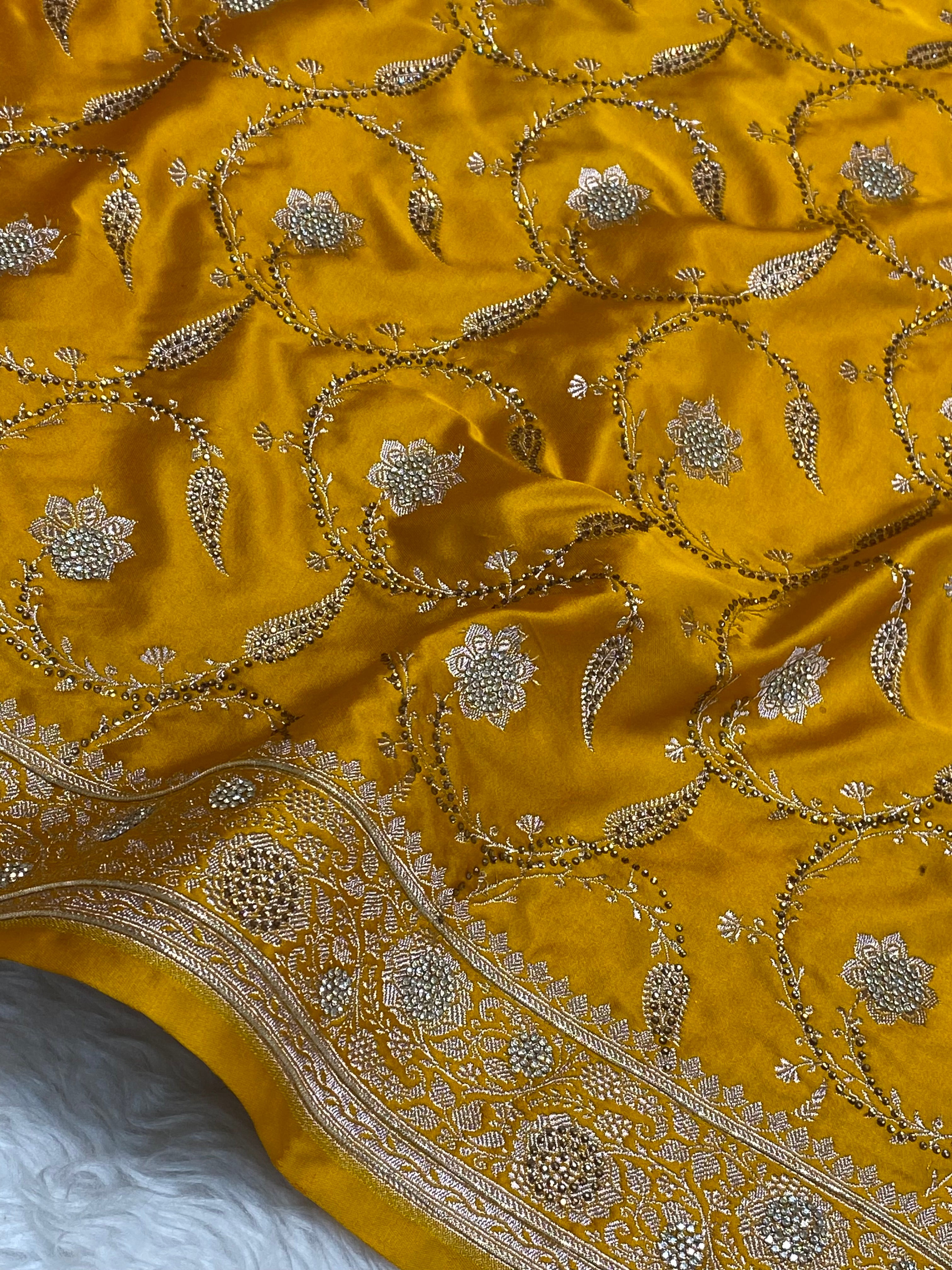 Mustard colour Premium mashru silk banarasi saree with handwork