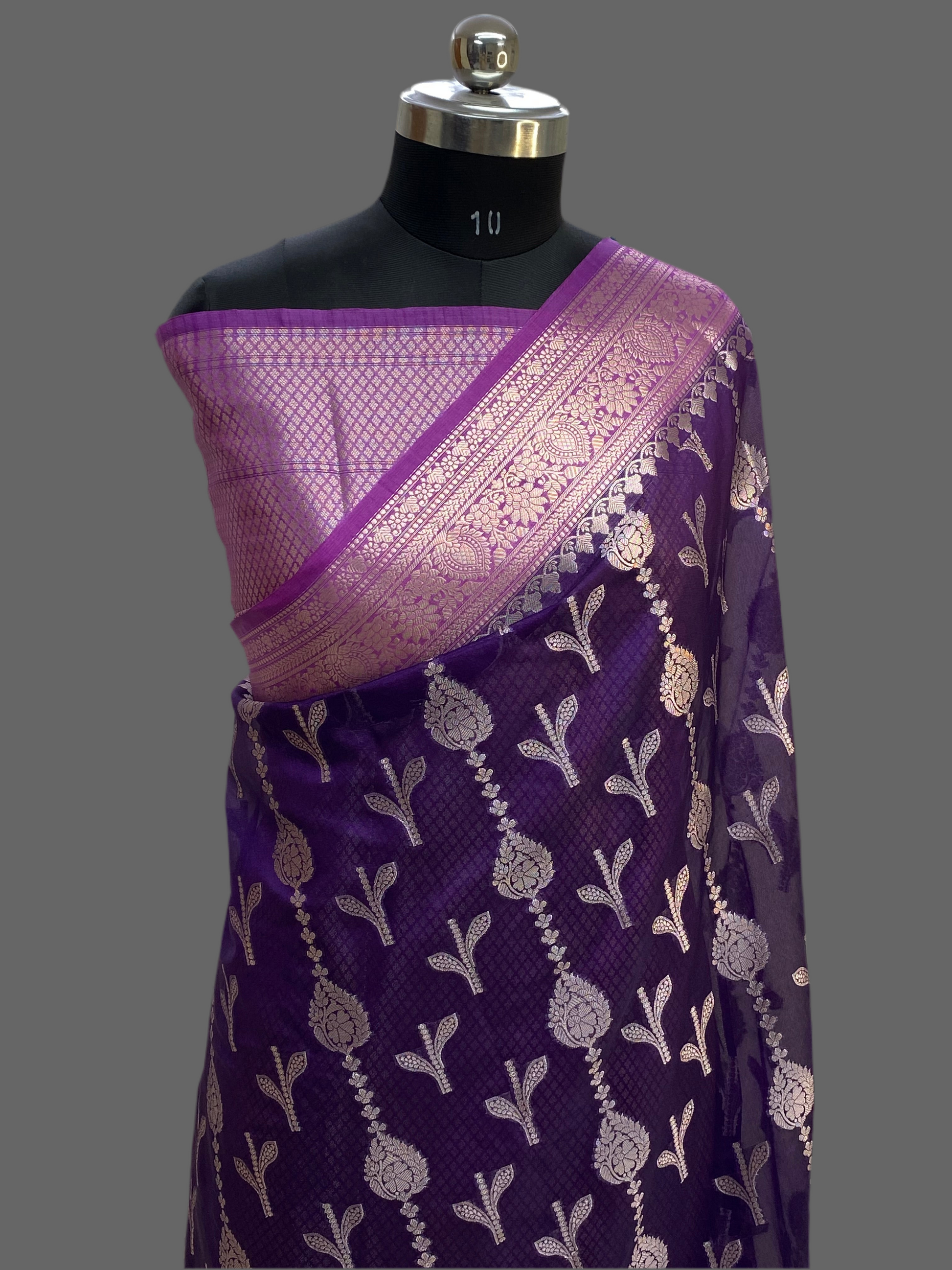 Purple Munga Silk Border Buta Banarasi Saree with contrast boarder and pallu