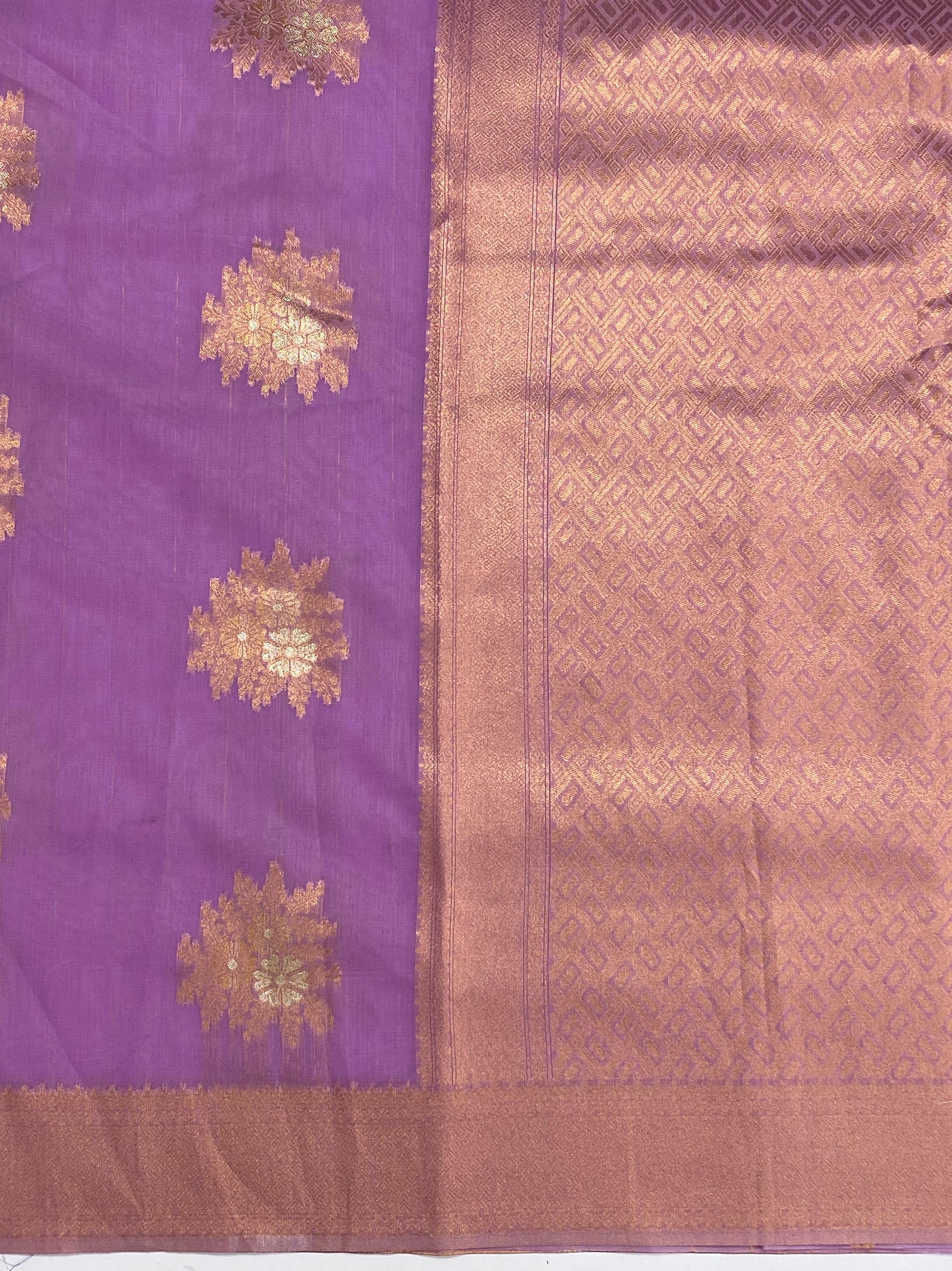 Lavender Cotton Saree with Gold Zari Motifs and Border