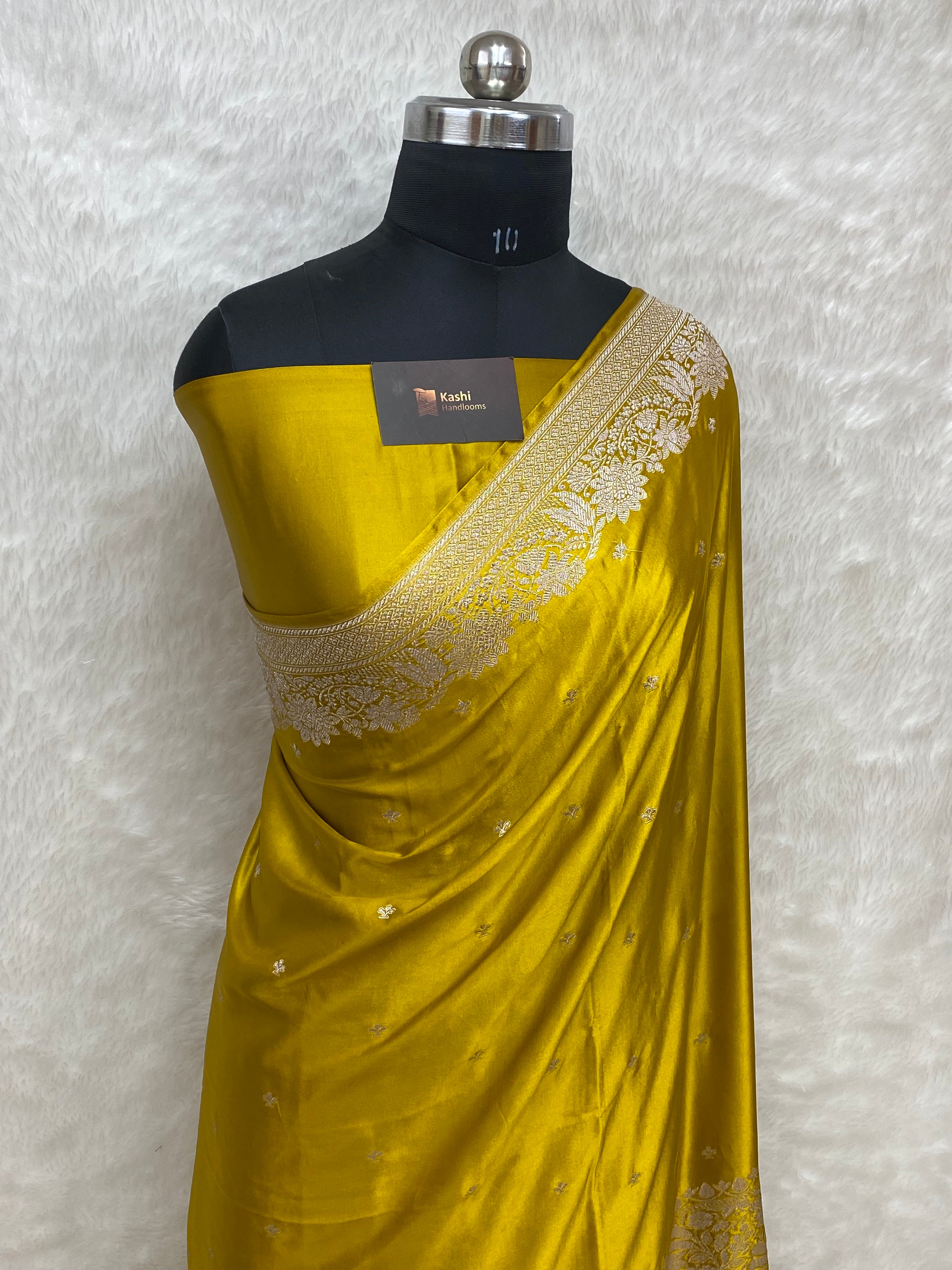 Zard mehendi premium mashru silk banarasi saree