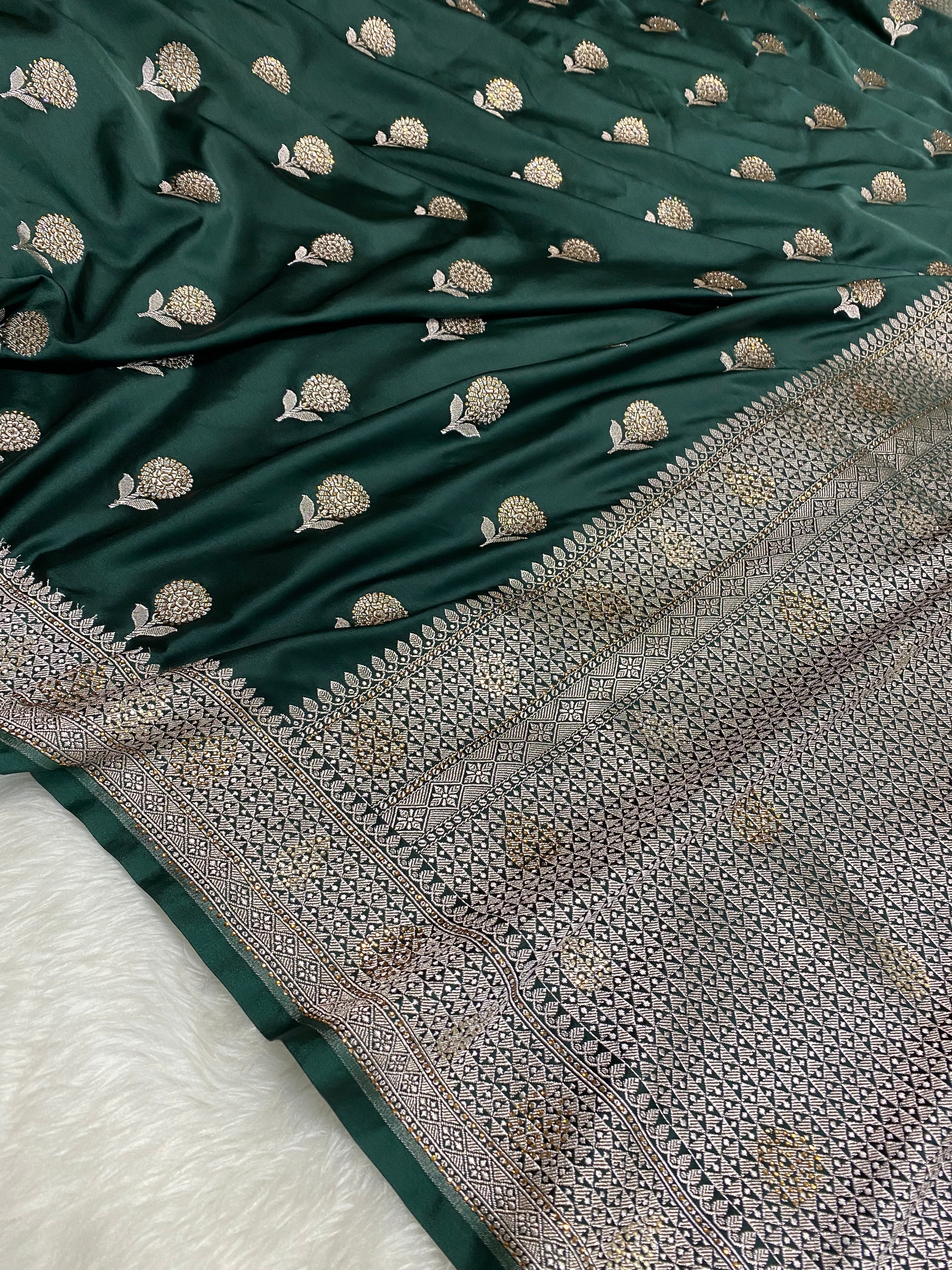 Bottle green colour mashru silk Banarasi saree