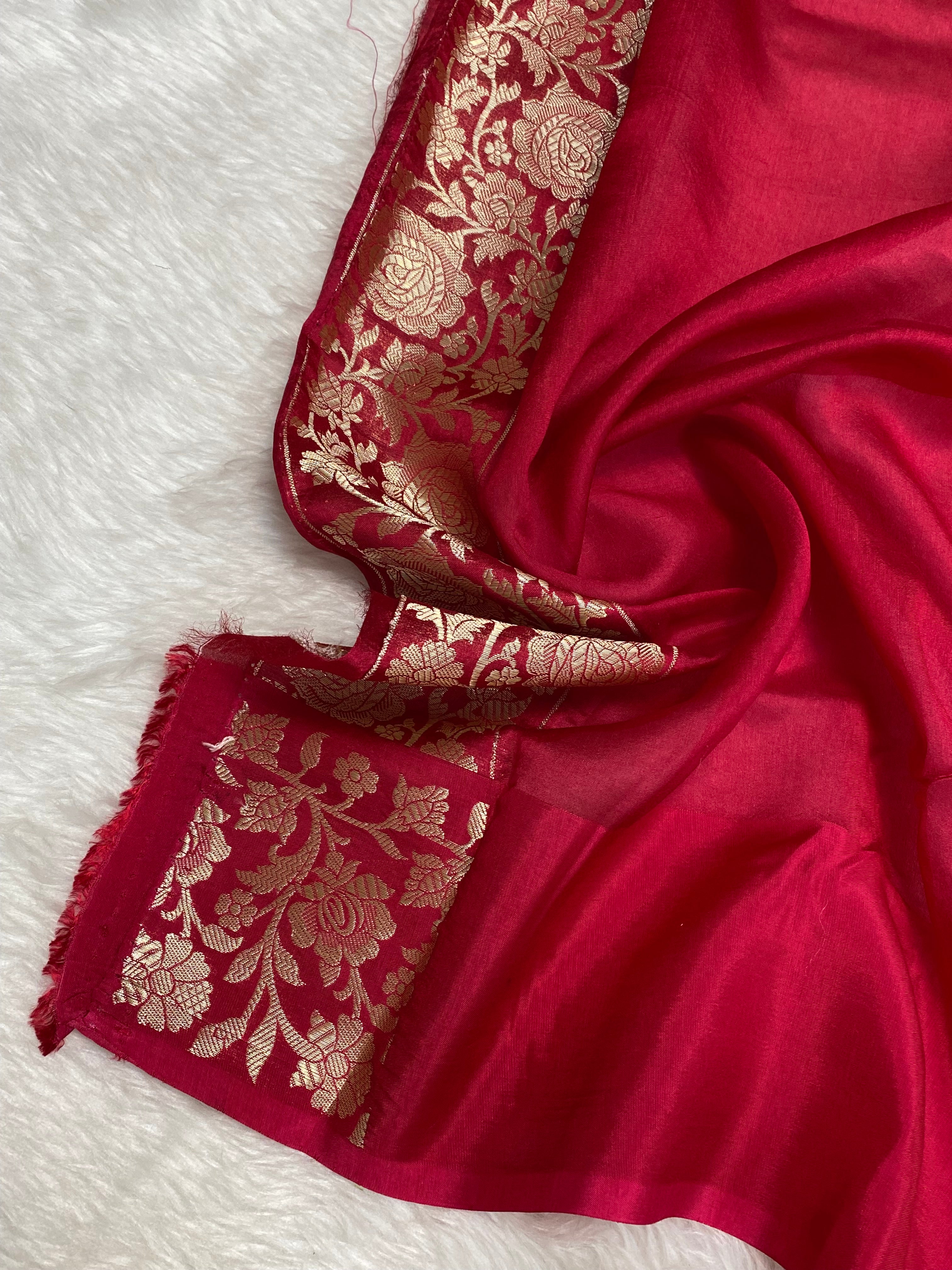 100% pure viscose Cherry Rani color Banarasi Saree