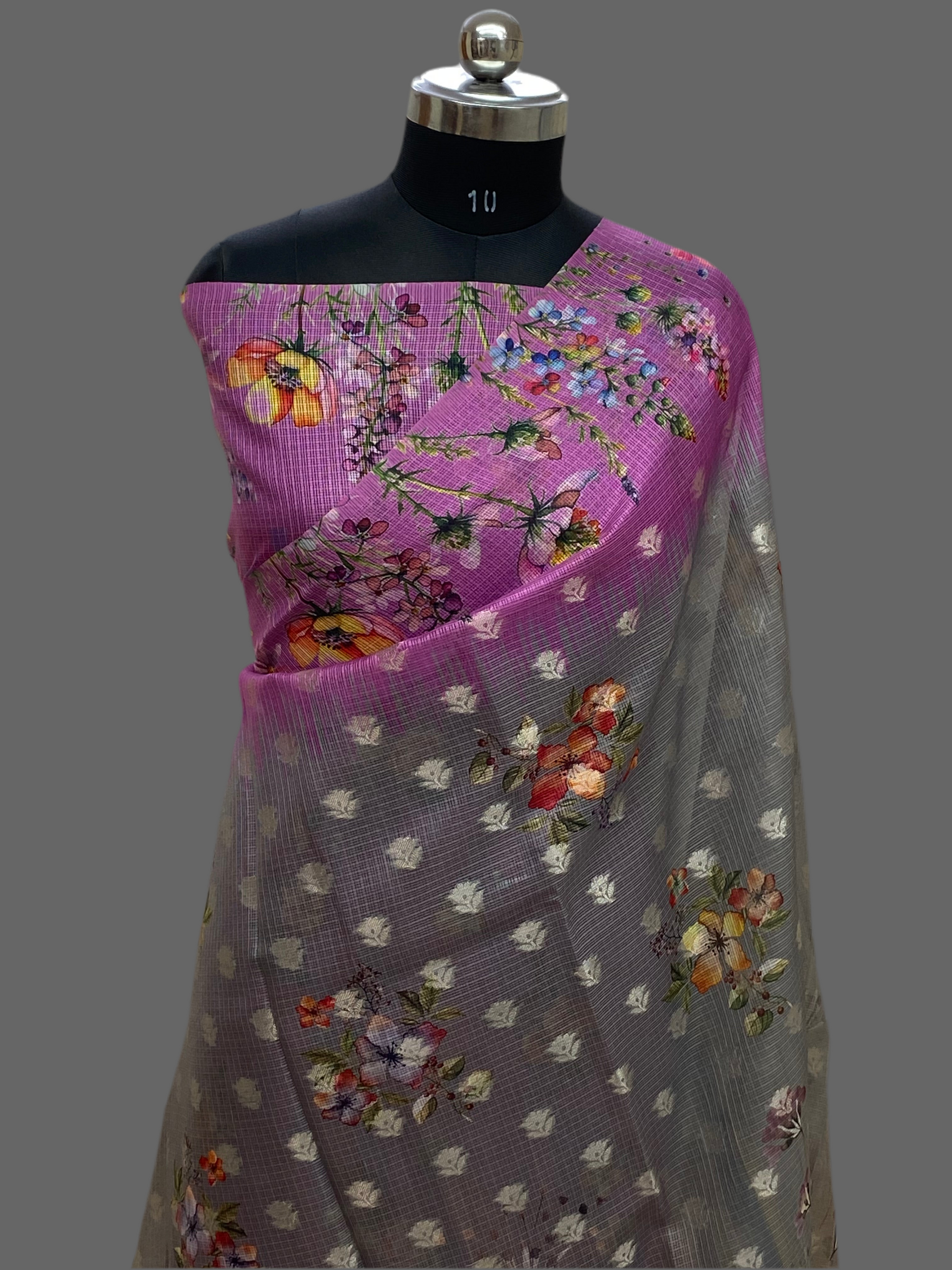 Grey Kota Cotton with Digital Print Banarasi Saree