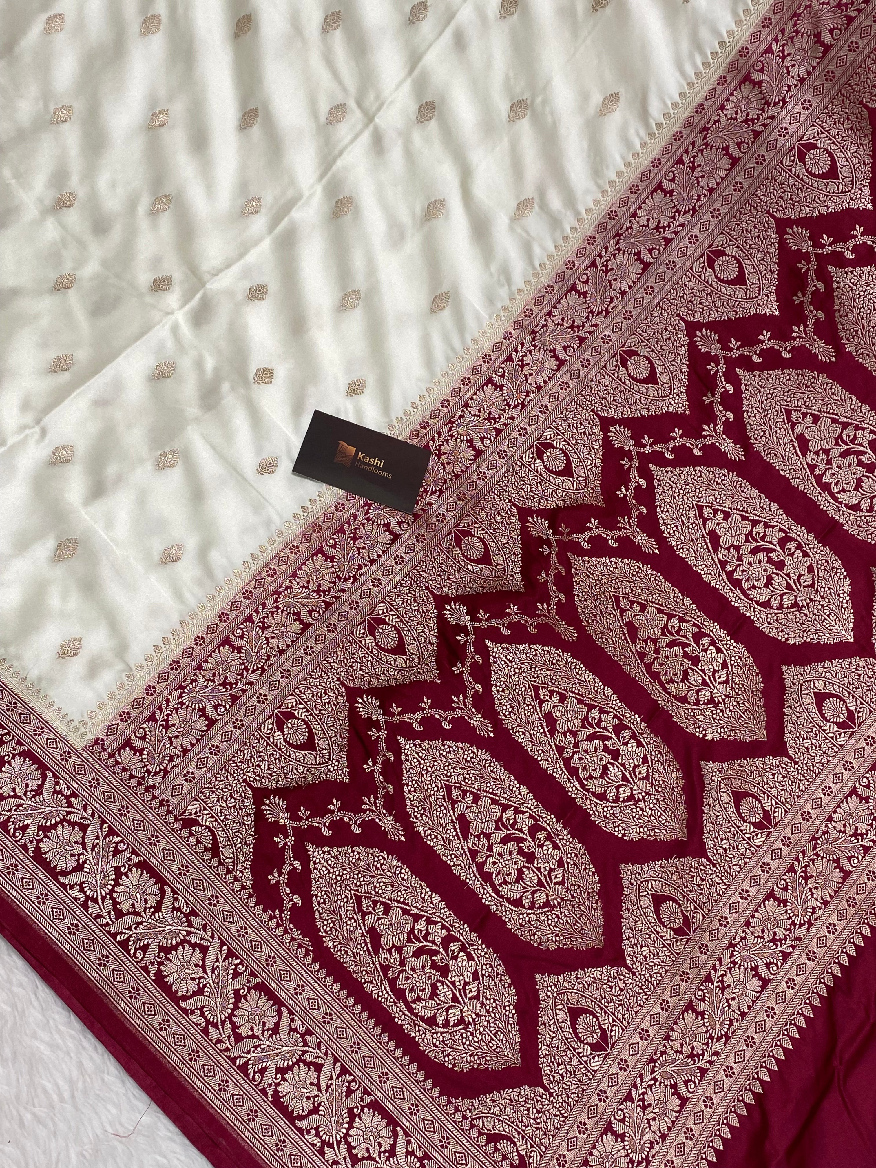 Mashru silk banarasi saree with red border and Buti