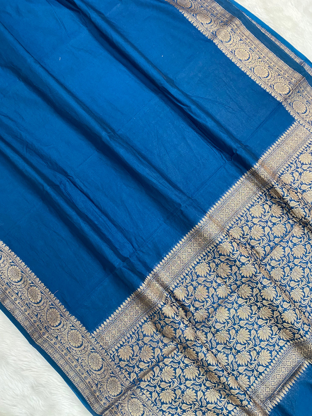 Teal Blue Georgette Saree with Antique Zari Border