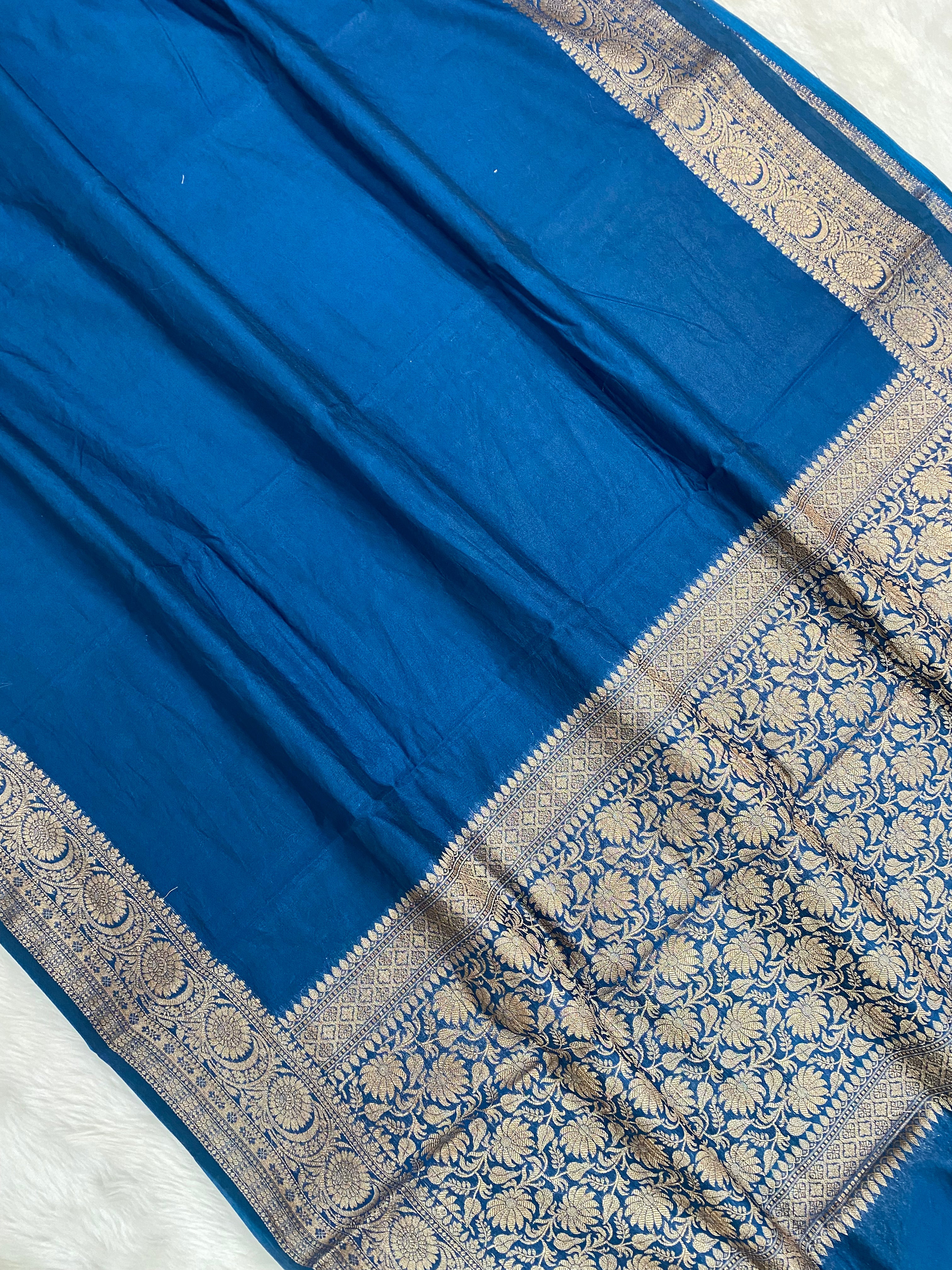 Teal Blue Georgette Saree with Antique Zari Border
