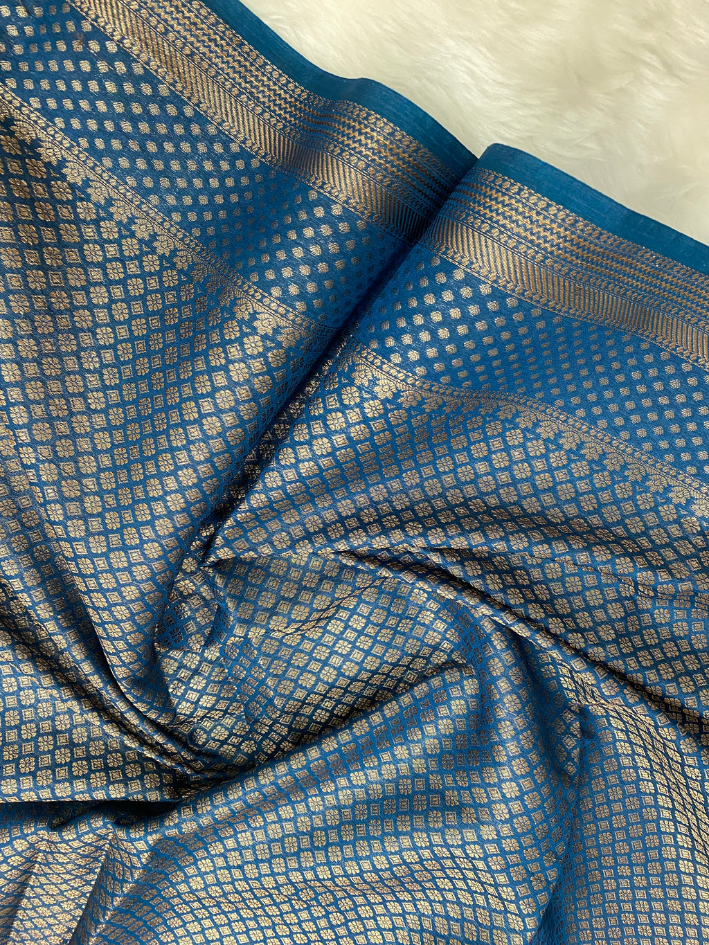 Teal Blue Georgette Saree with Antique Zari Border