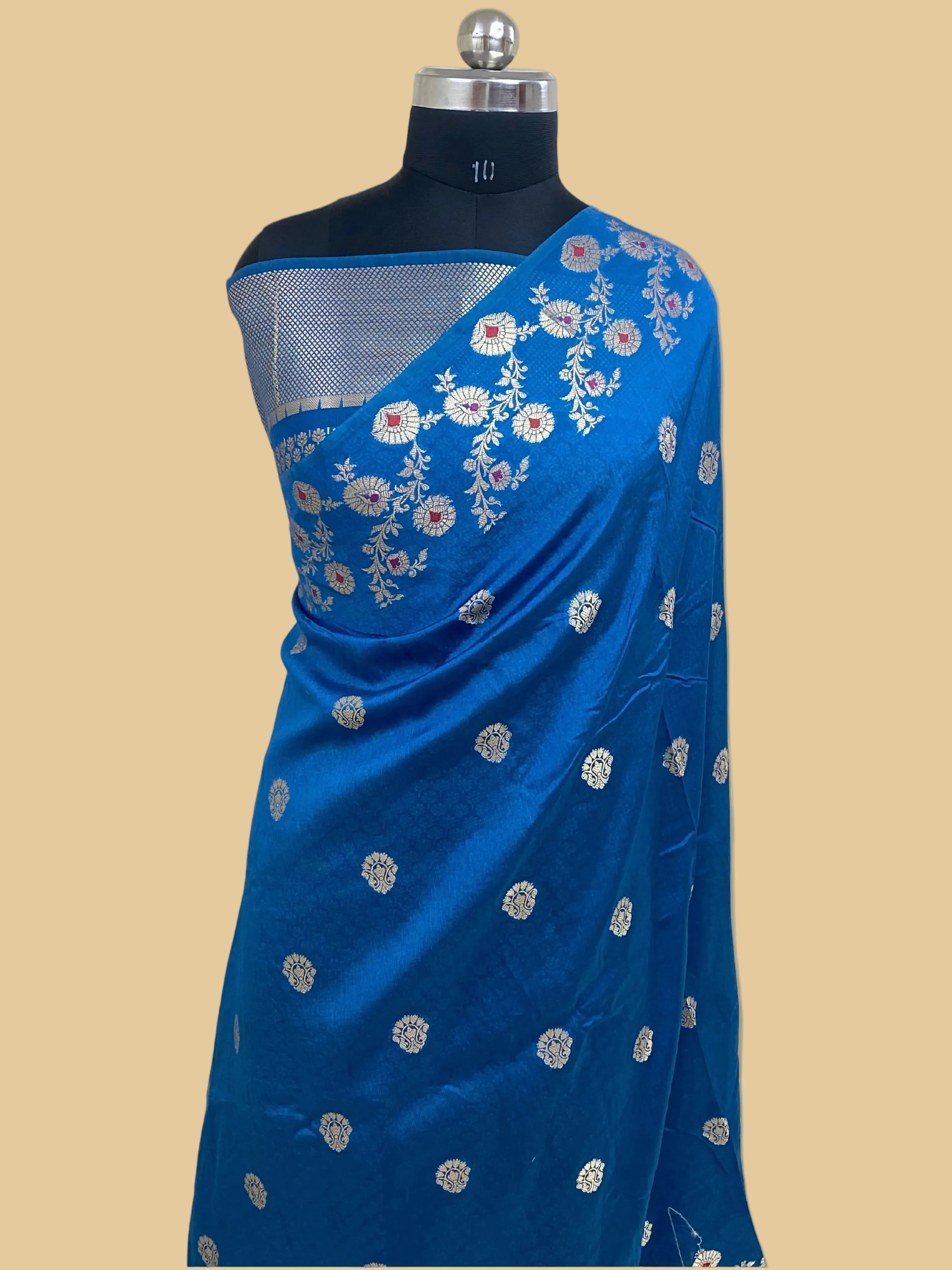 German Blue semi Raw mango Banarasi Saree