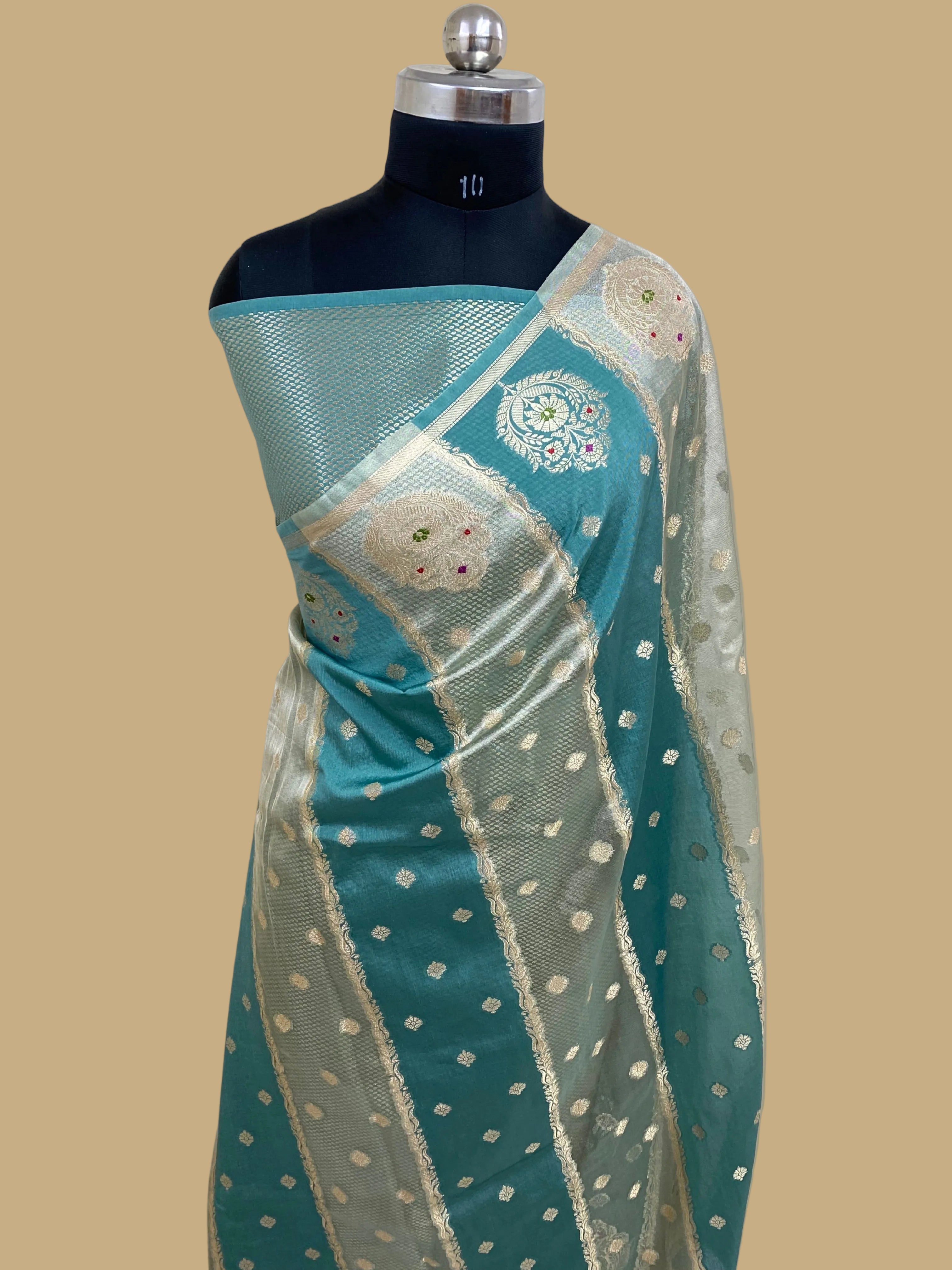 Teal blue Raw Mango Tissue Silk Banarasi Saree