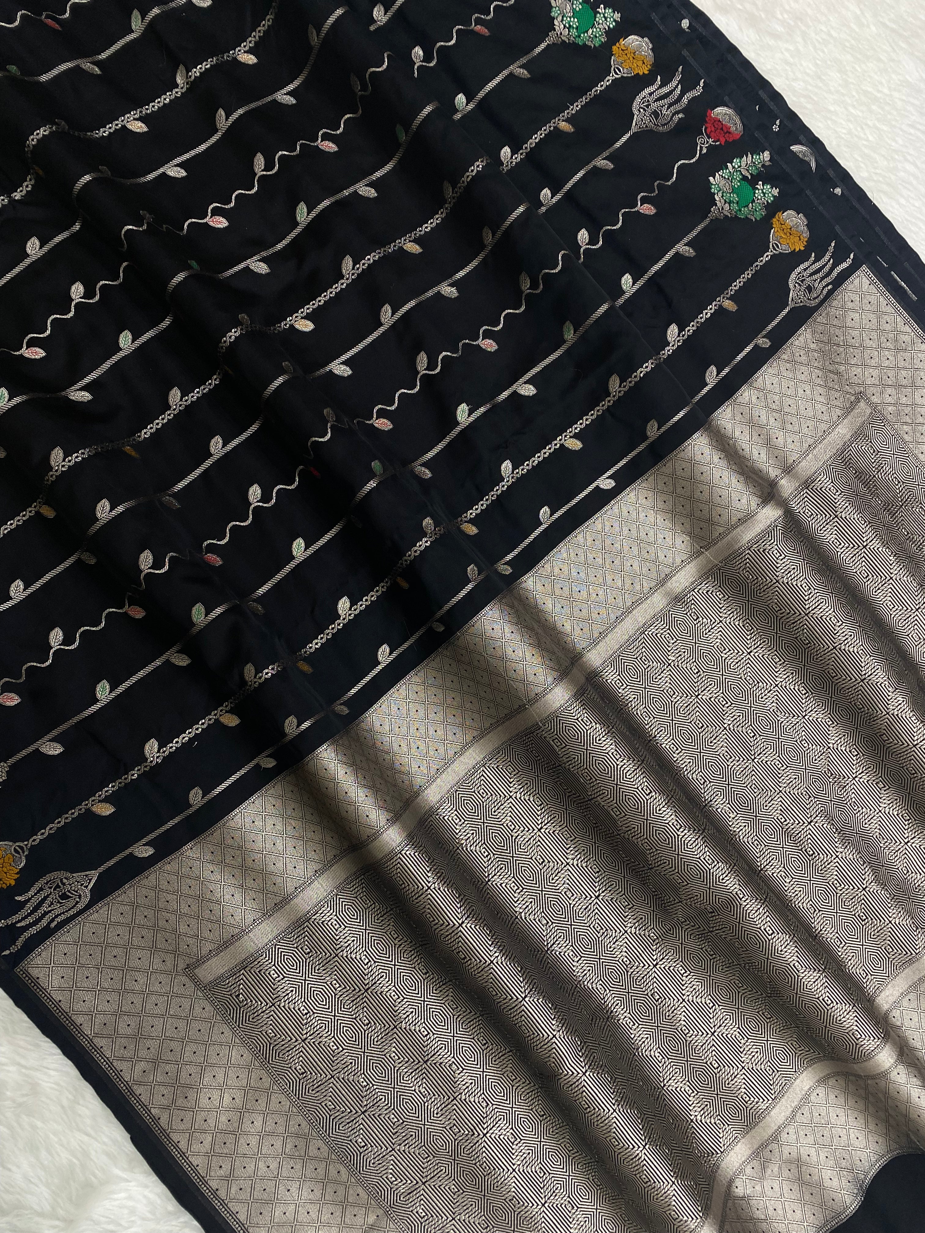 Black Mashru kataan silk Banarasi Saree