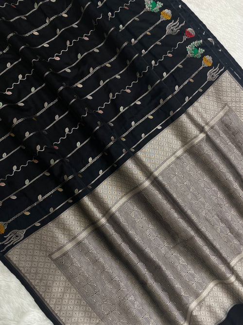 Black Mashru kataan silk Banarasi Saree