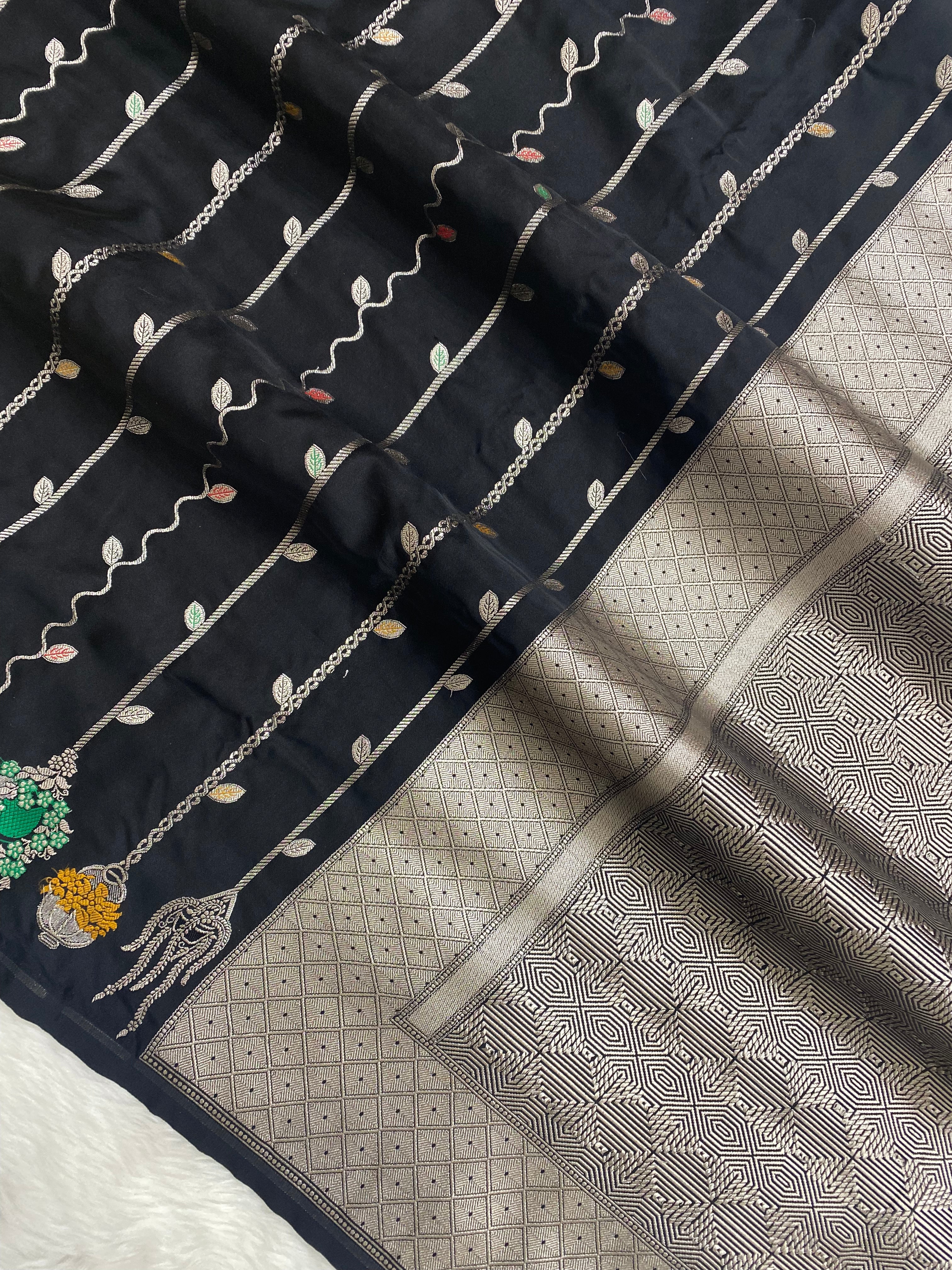 Black Mashru kataan silk Banarasi Saree