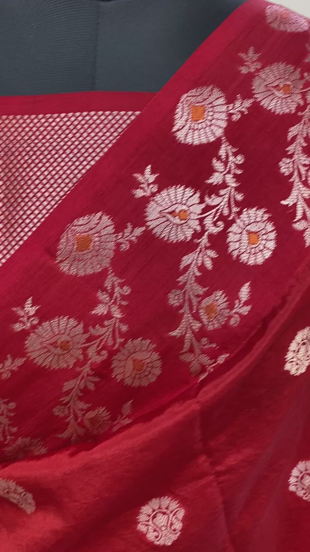 Red semi Raw Mango Border Buta Banarasi Saree with Golden Zari