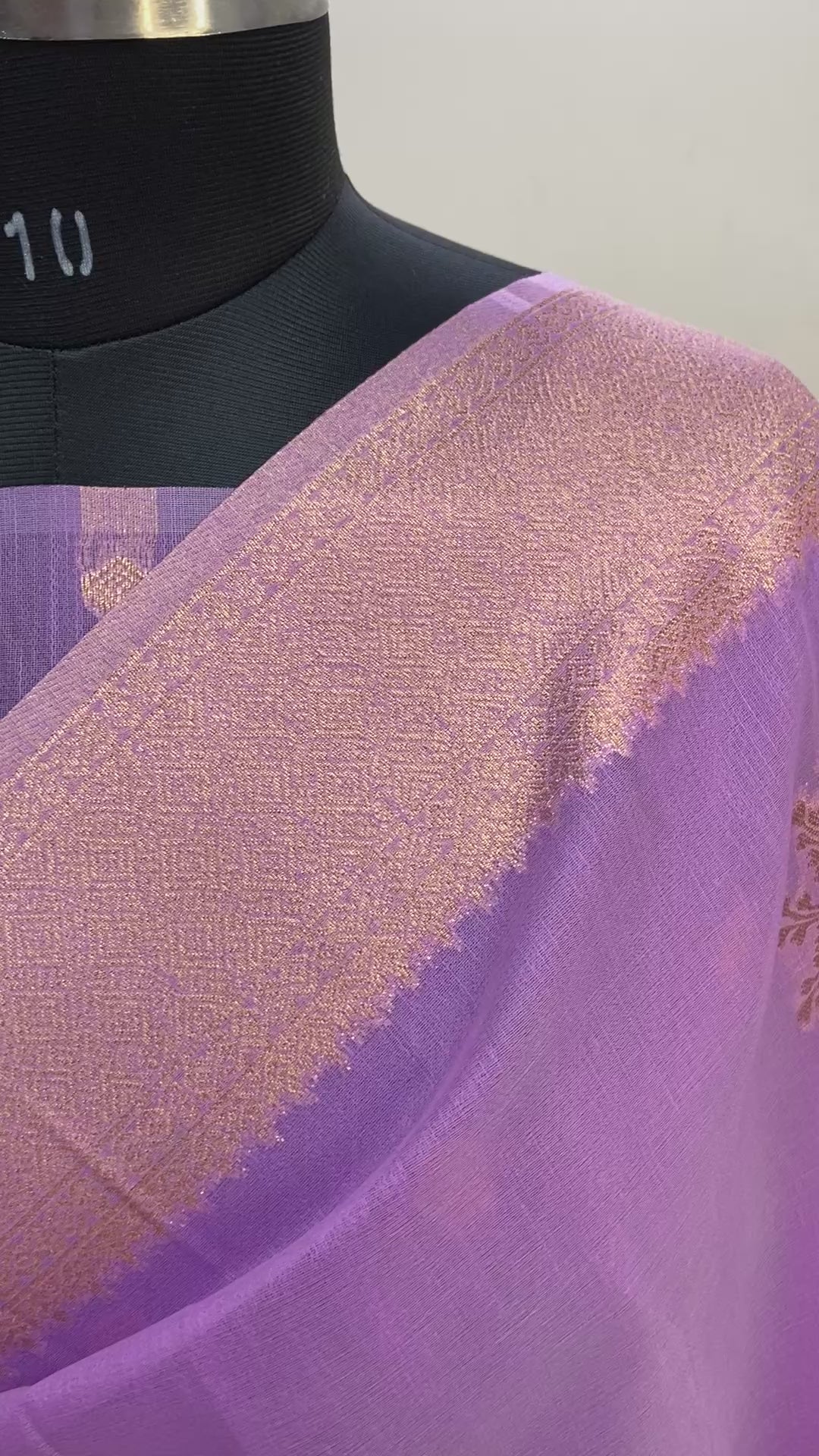Lavender Cotton Saree with Gold Zari Motifs and Border