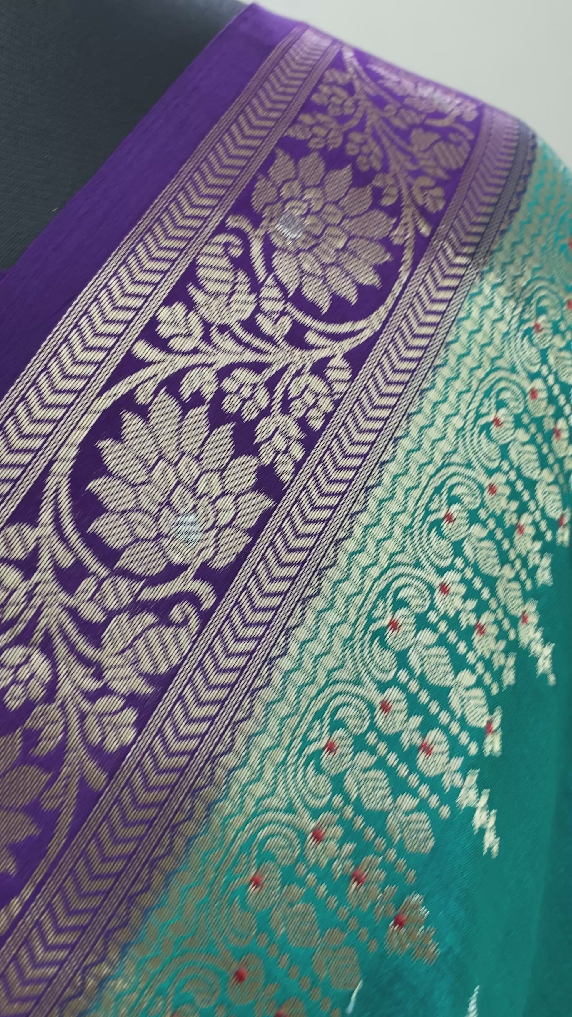 Teal Blue Raw Mango Border Buta with Golden Zari Banarasi Saree